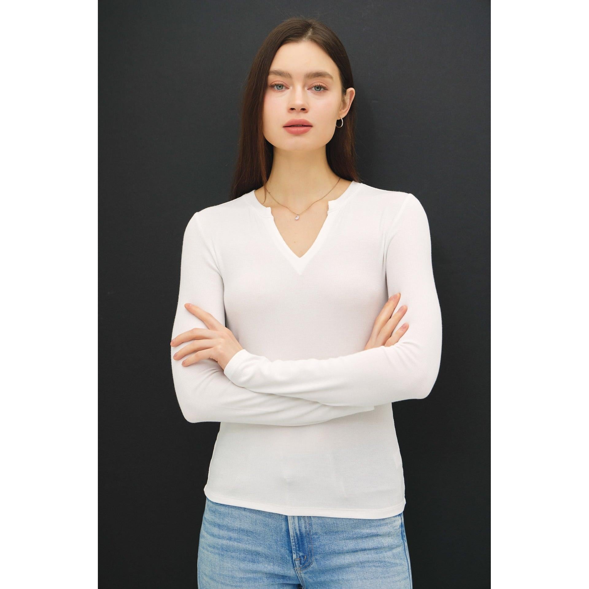 Ribbed V Neck Long Sleeve || Off White