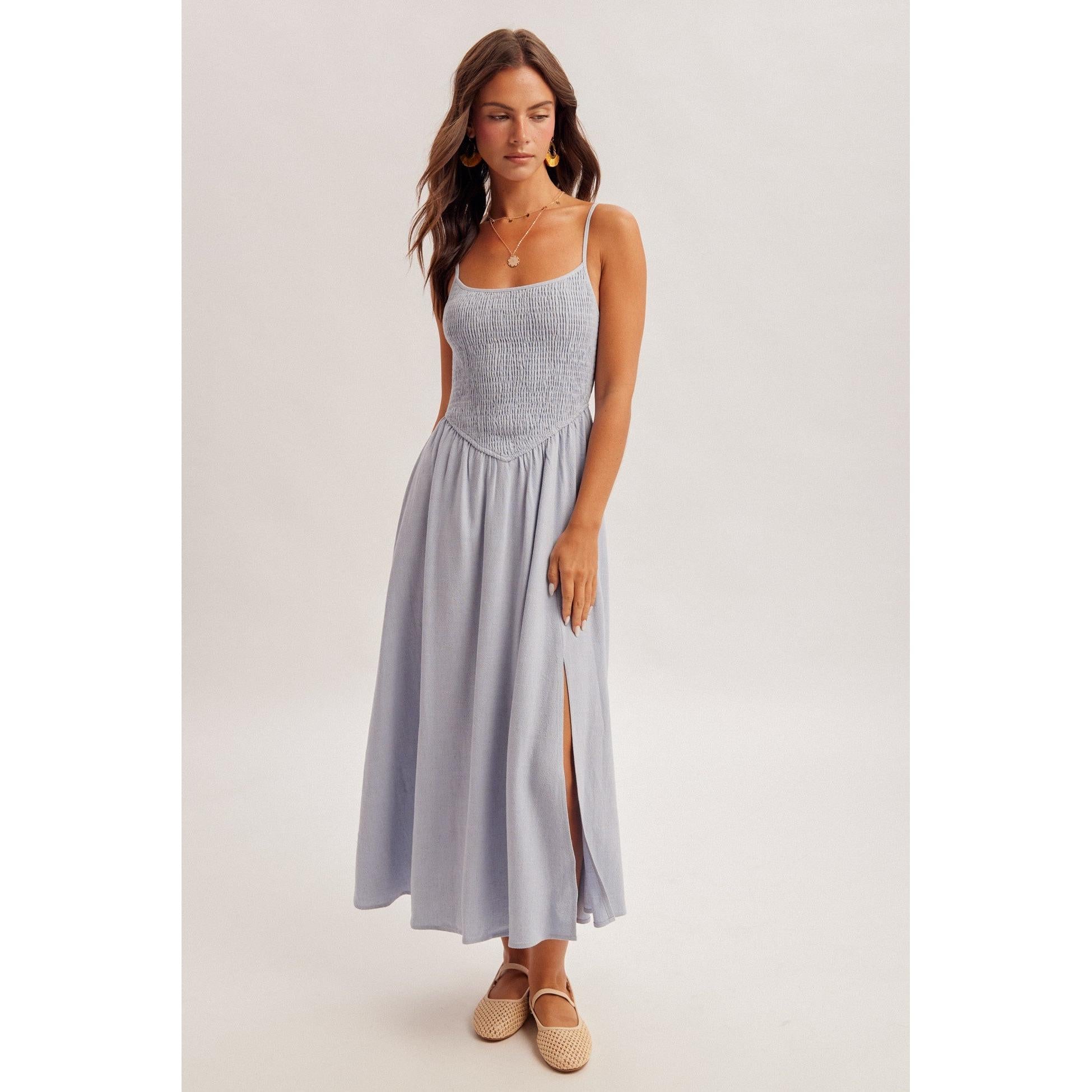 Corset Smocked Midi Dress || Light Blue LARGE