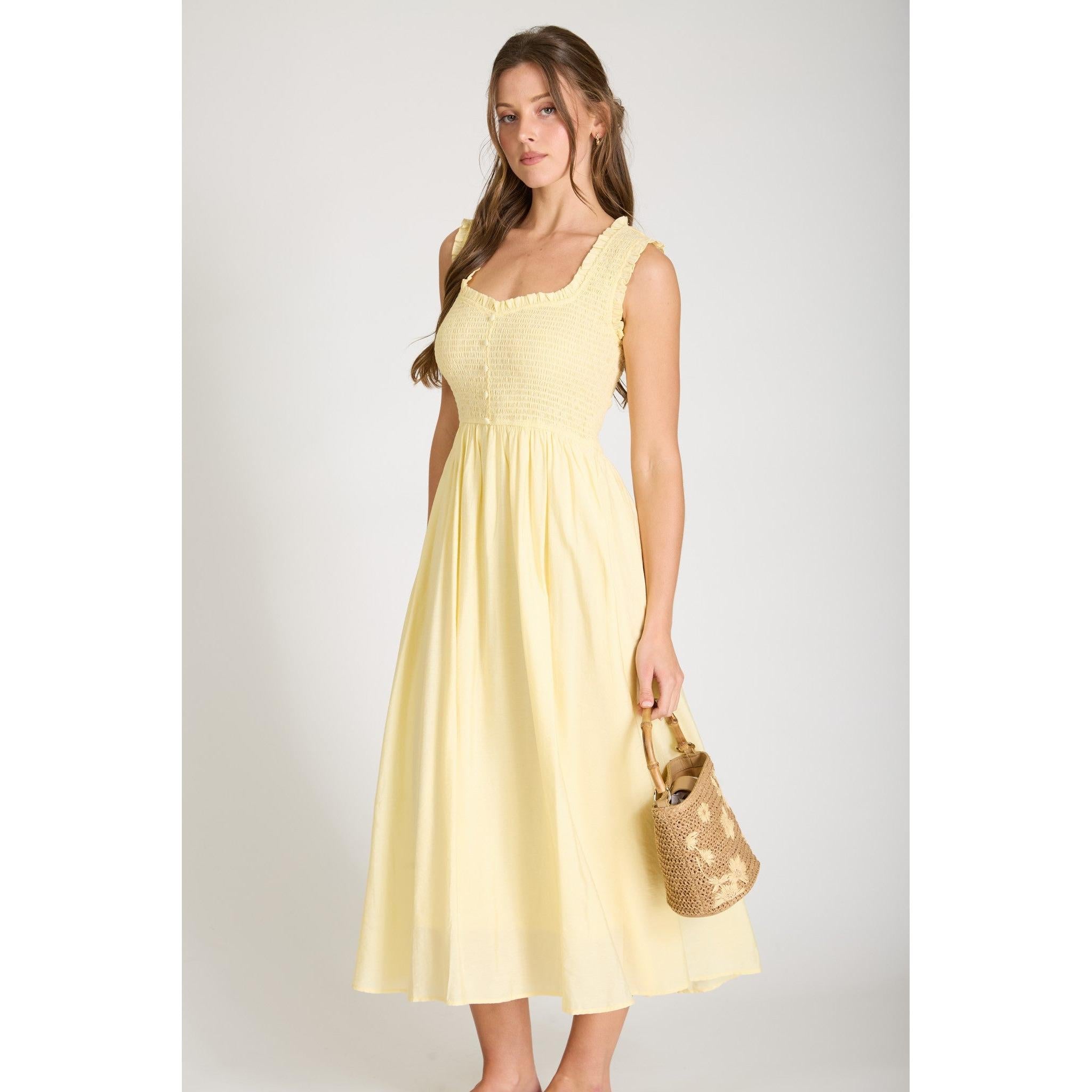 Sweetheart Smocked Midi Dress || Butter Yellow LARGE