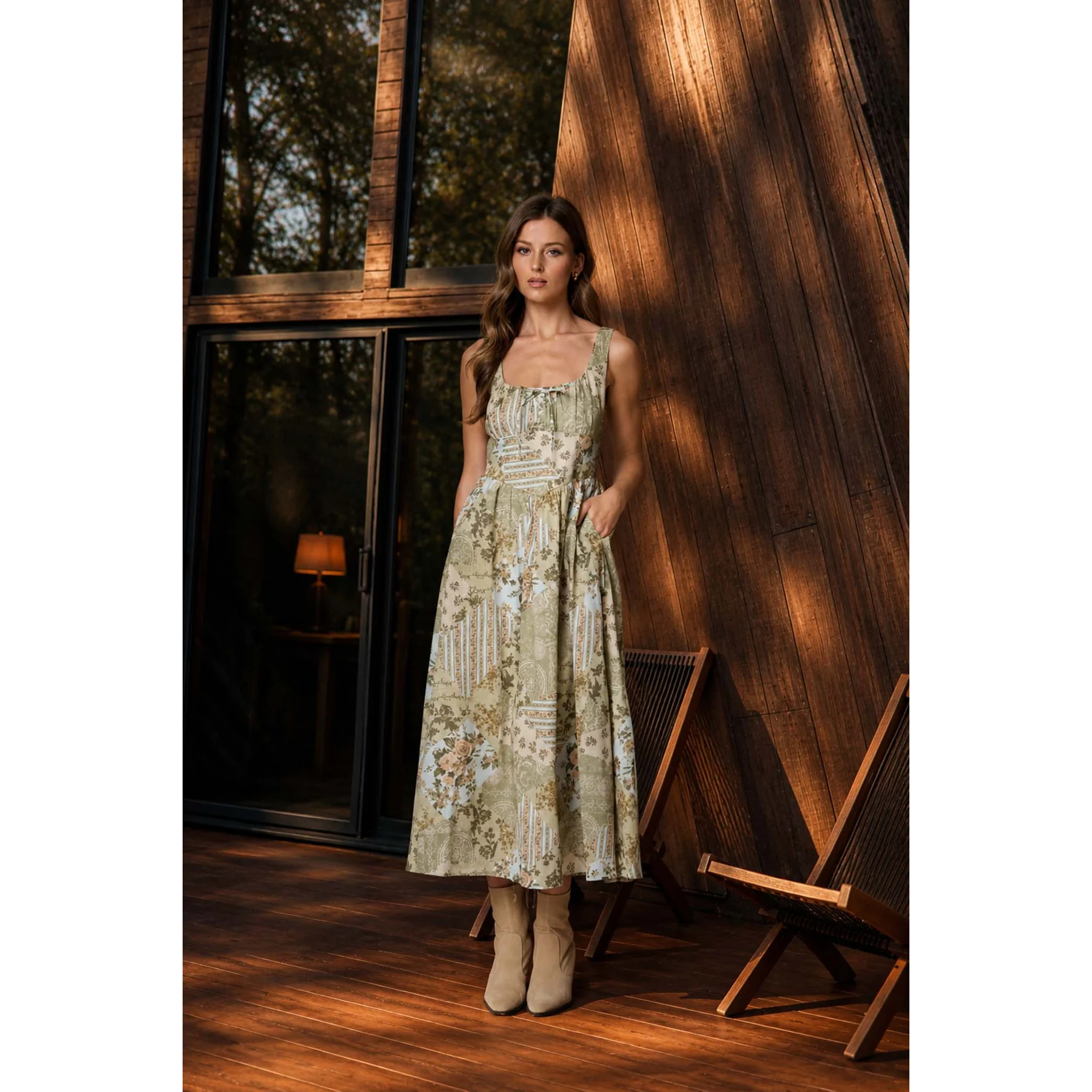 Mixed Pattern Sleeveless Corset Midi Dress || Olive MEDIUM