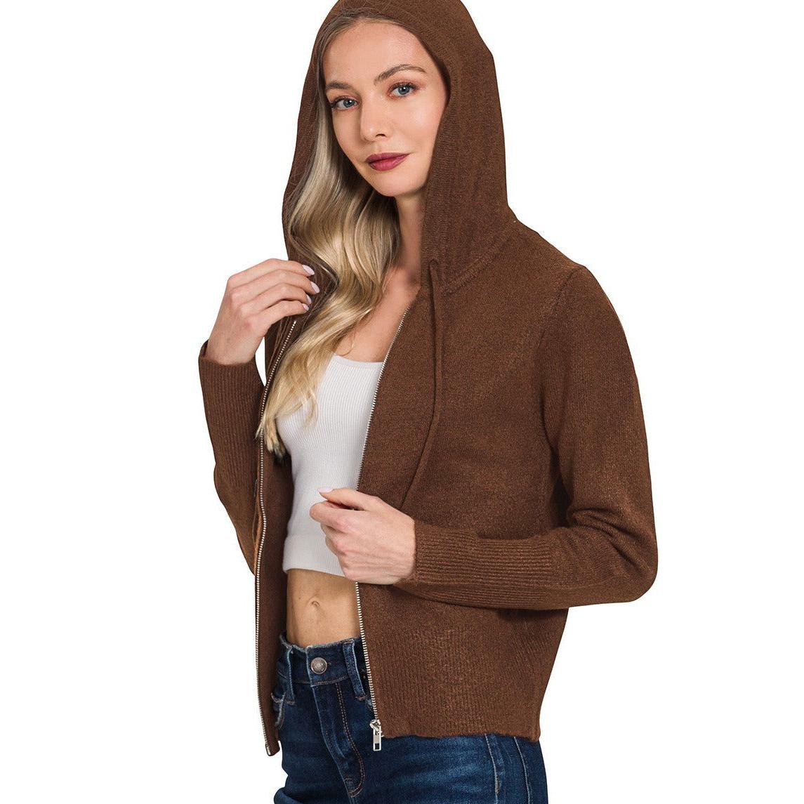 Zip-Up Hoodie Sweater || Brown