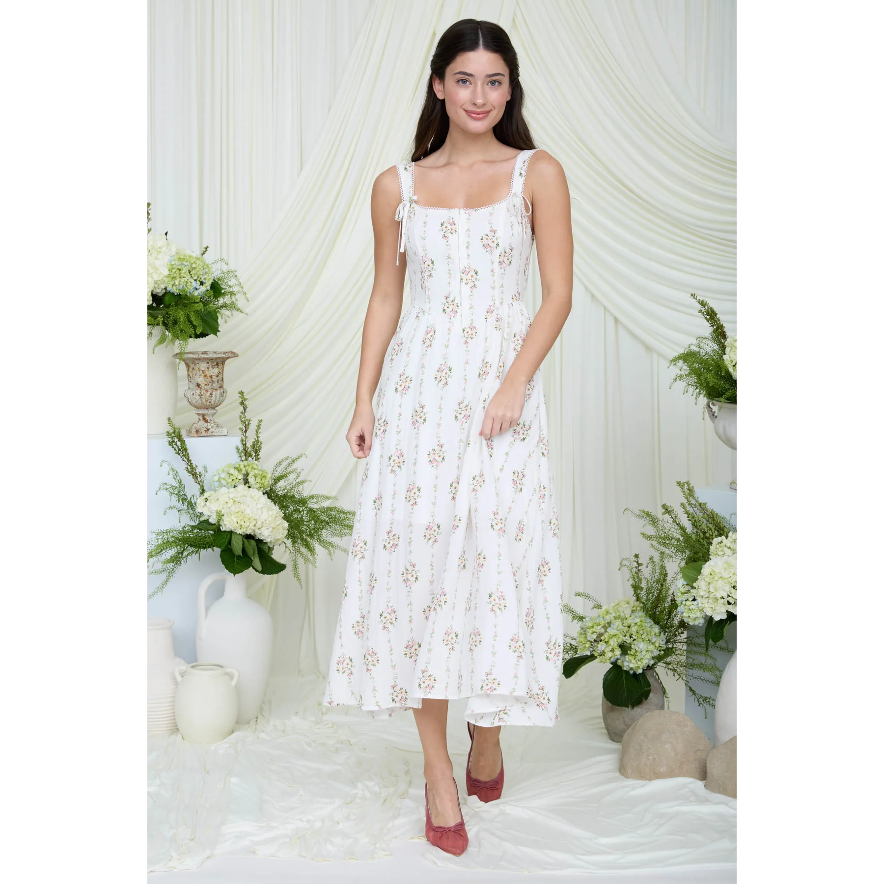 Floral Corset Midi Dress || Ivory-Multi