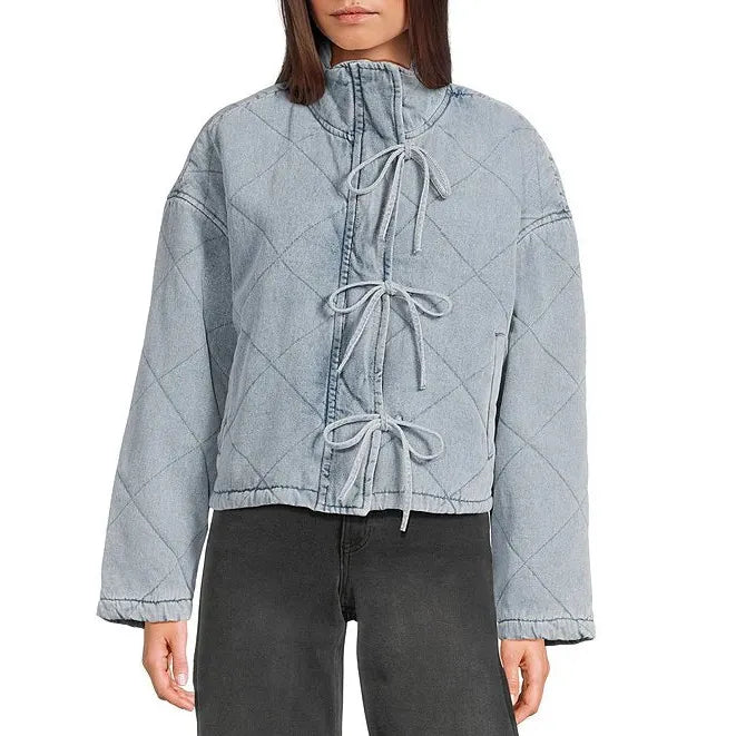 Quilted denim tie front jacket