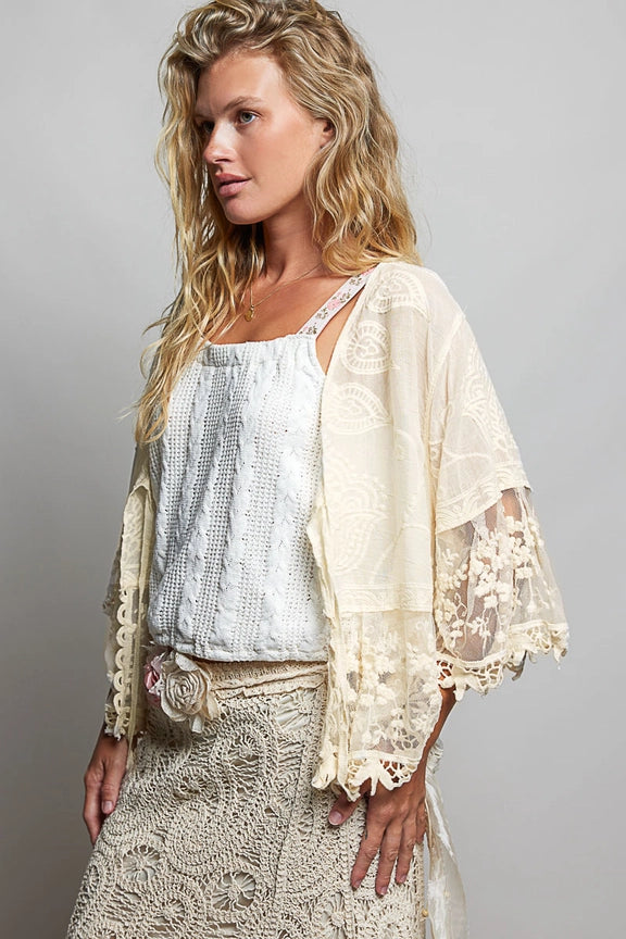 Embroidered and Lace Cardigan || Natural