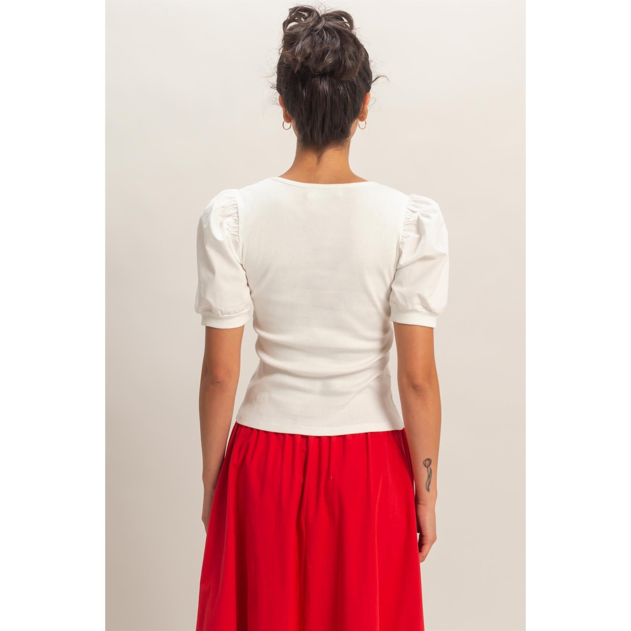 Puff Sleeve Ribbed Top || White