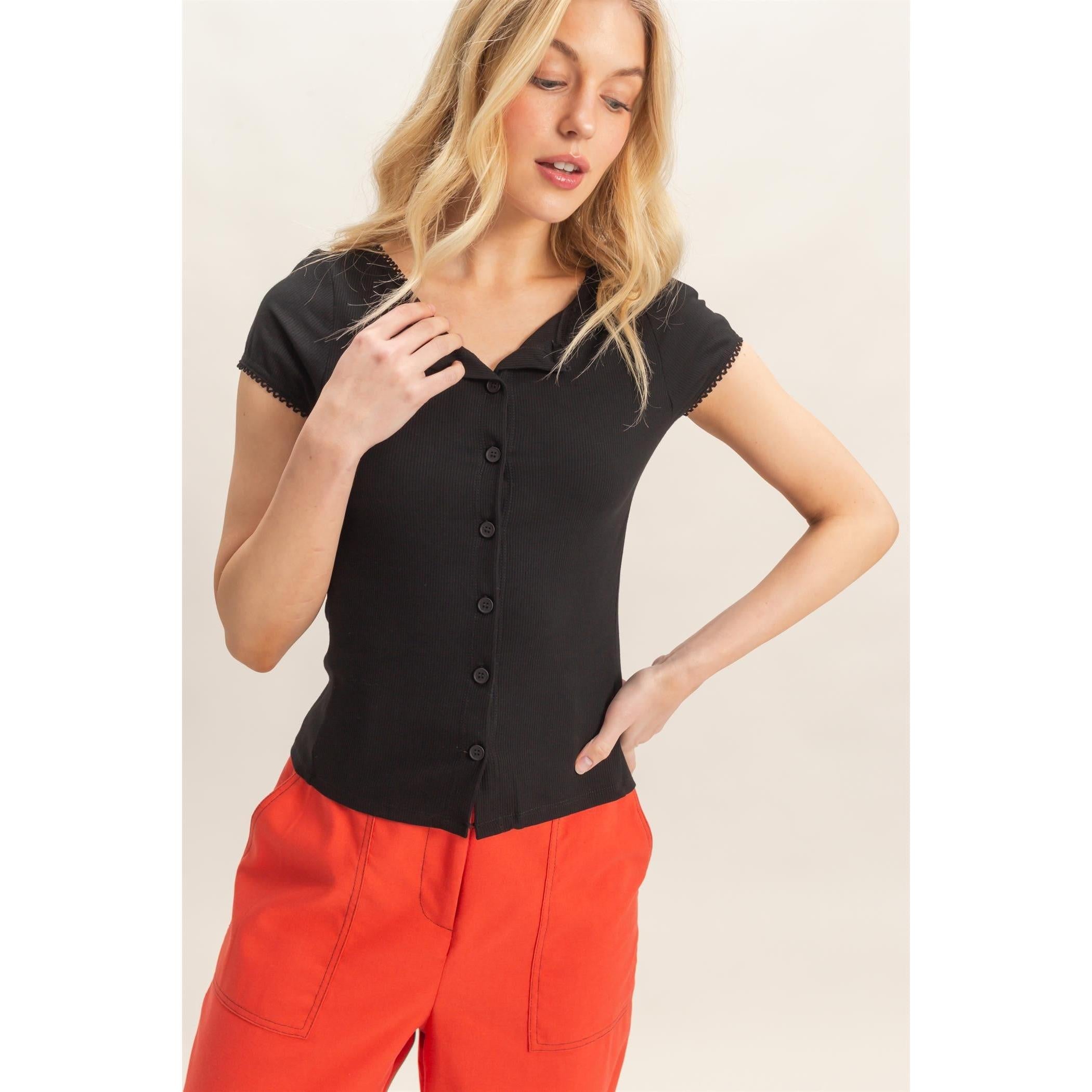 black ribbed button-up top