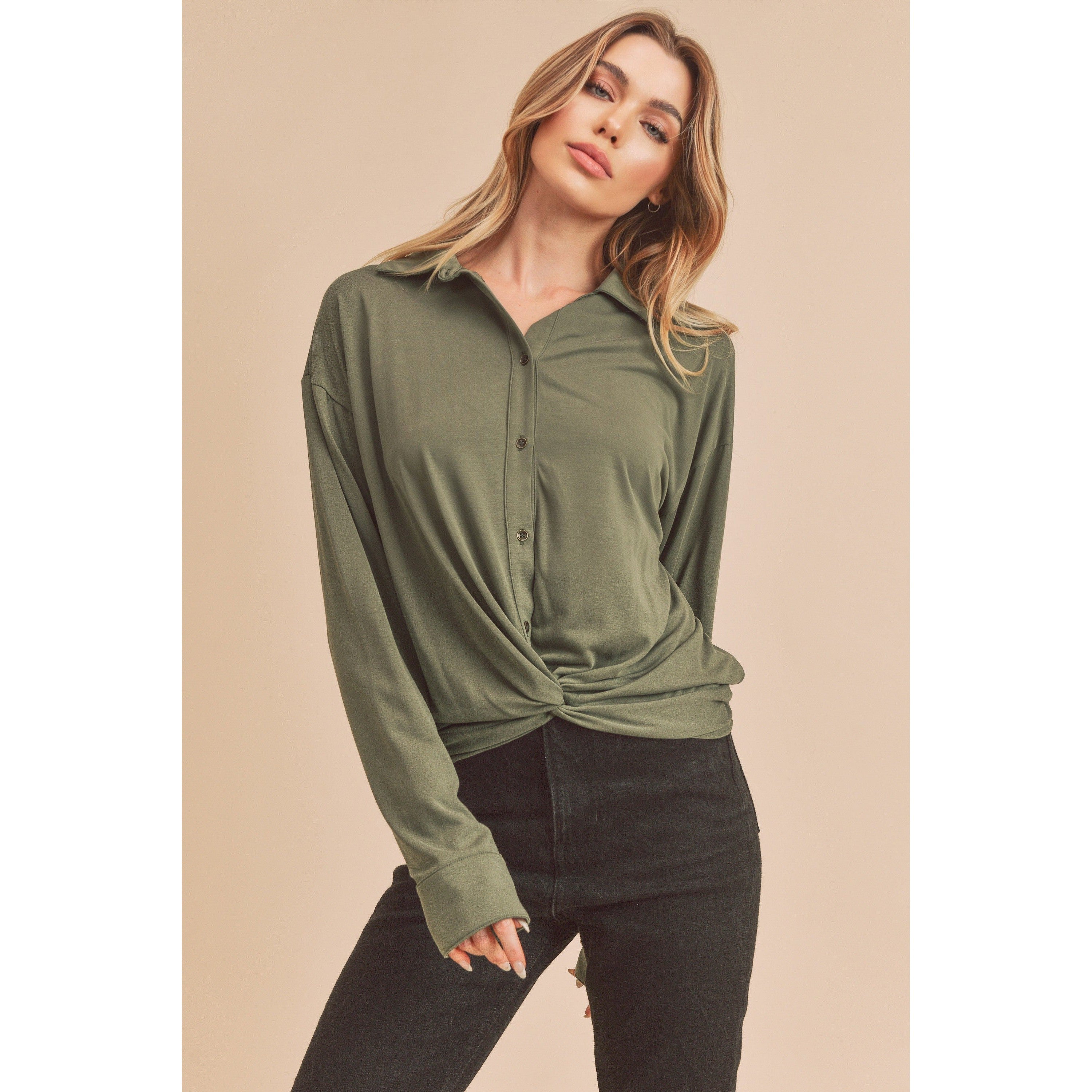 Button Up Twist Front Top || Olive