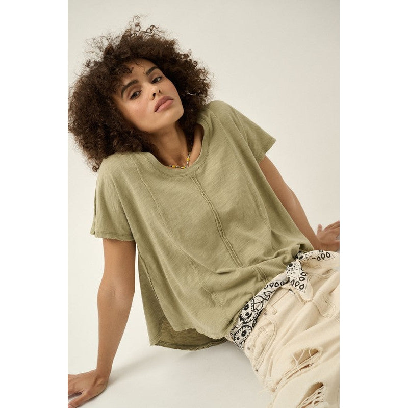 Relaxed Fit Exposed Seam Tee || Sage