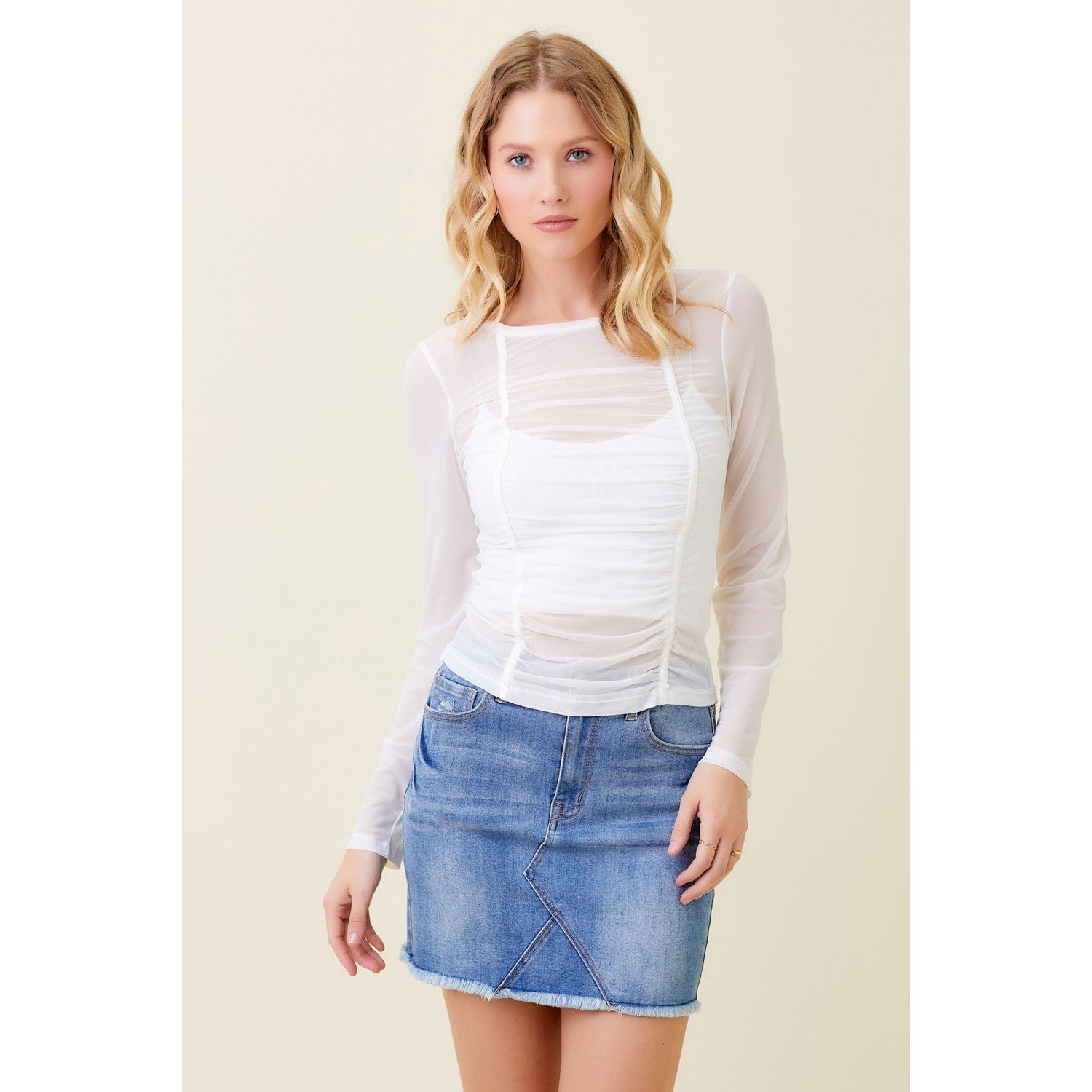 Ruched Mesh Top || White