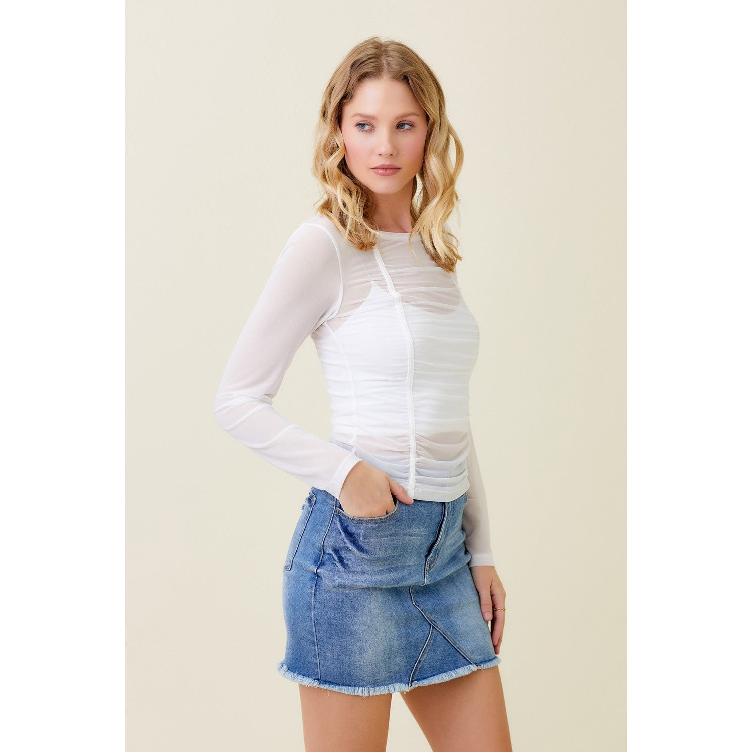 Ruched Mesh Top || White