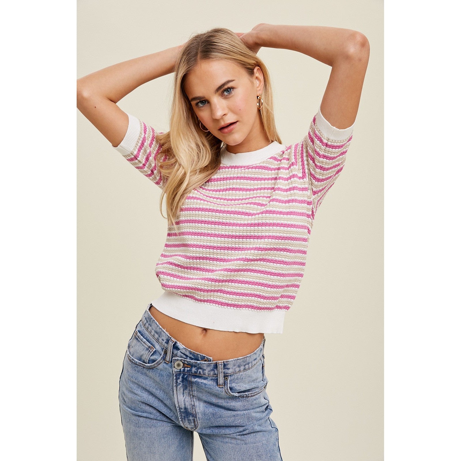 Stripe Puff Sleeve Sweater || Pink