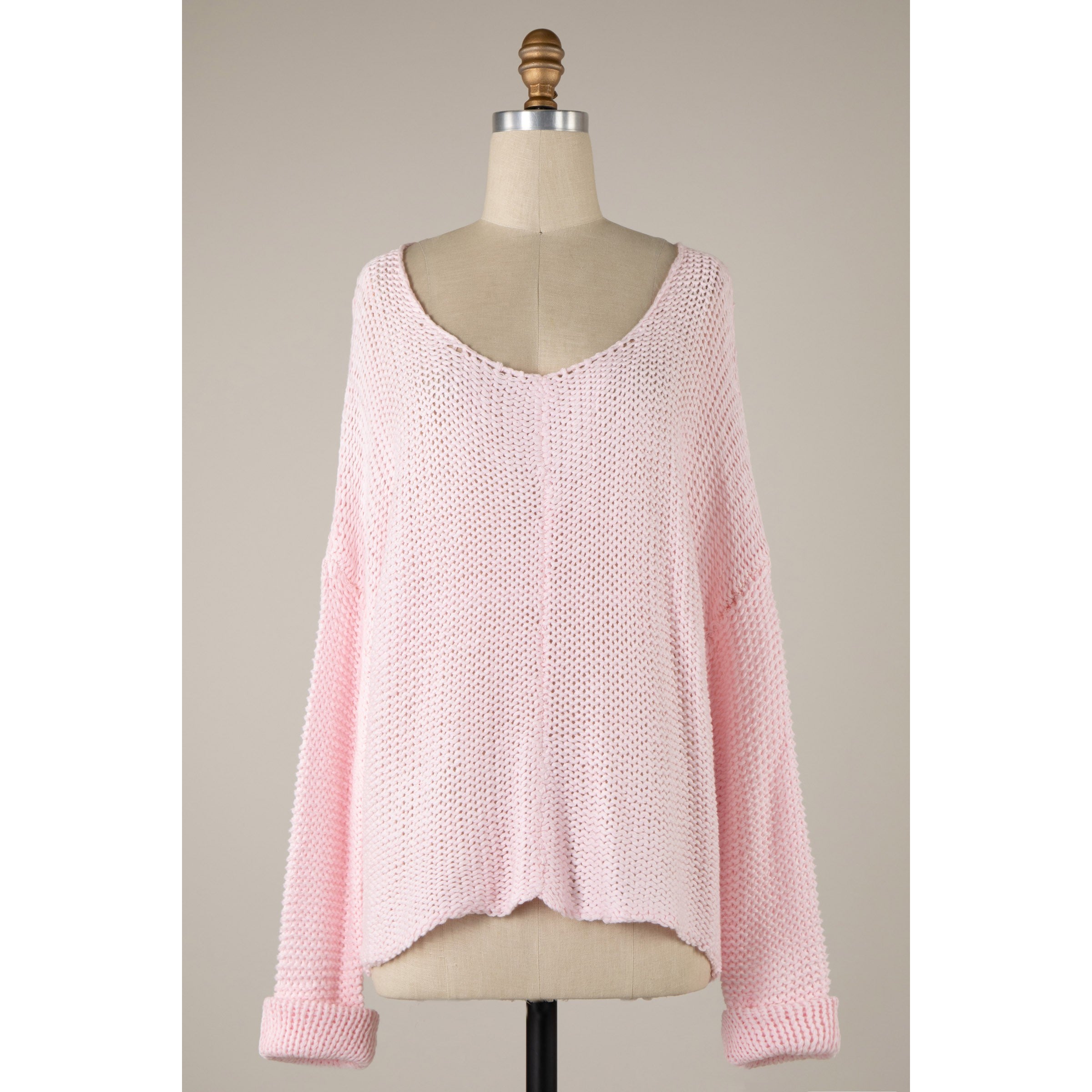 Cable V Neck Sweater || Pink
