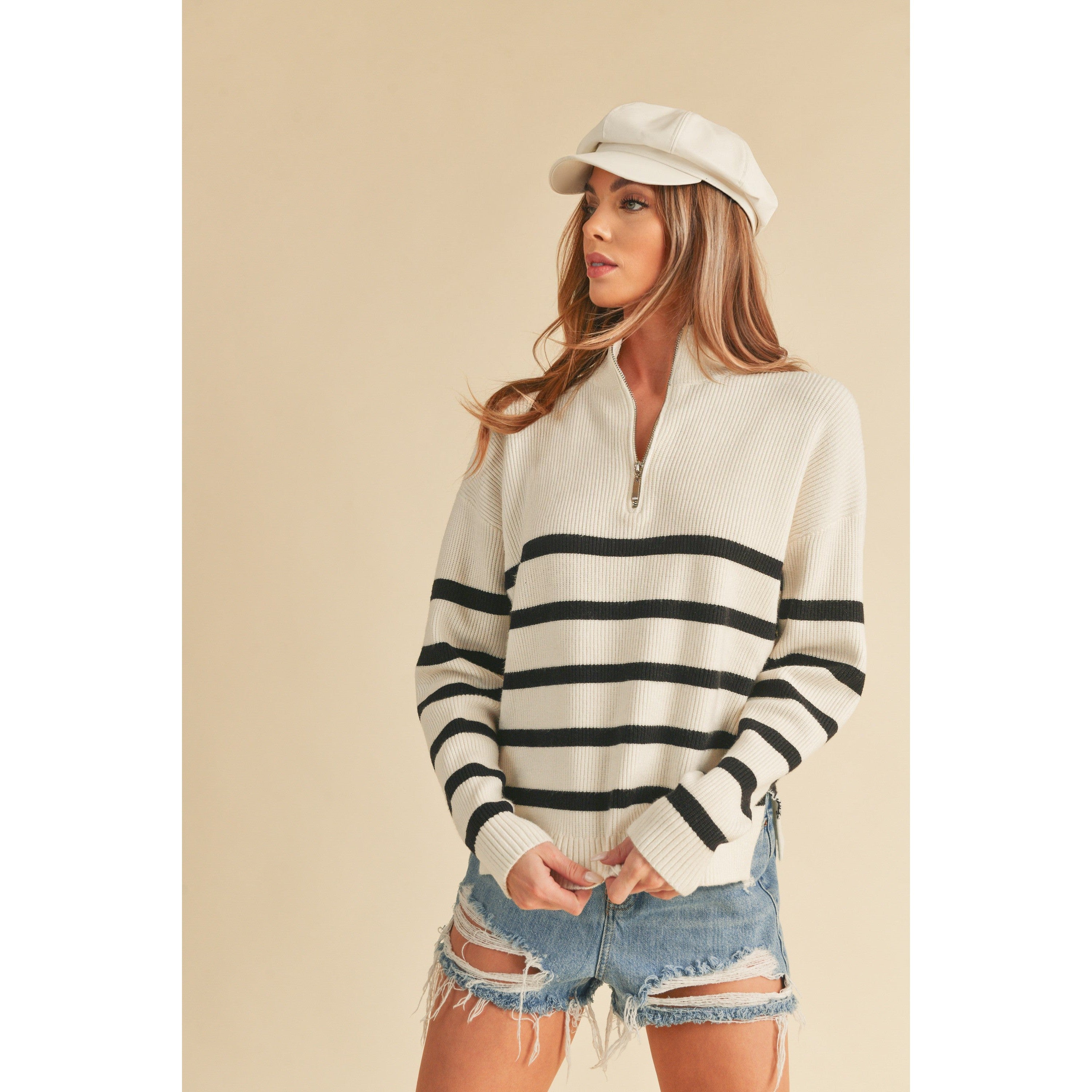 Quarter Zip Stripe Sweater || White