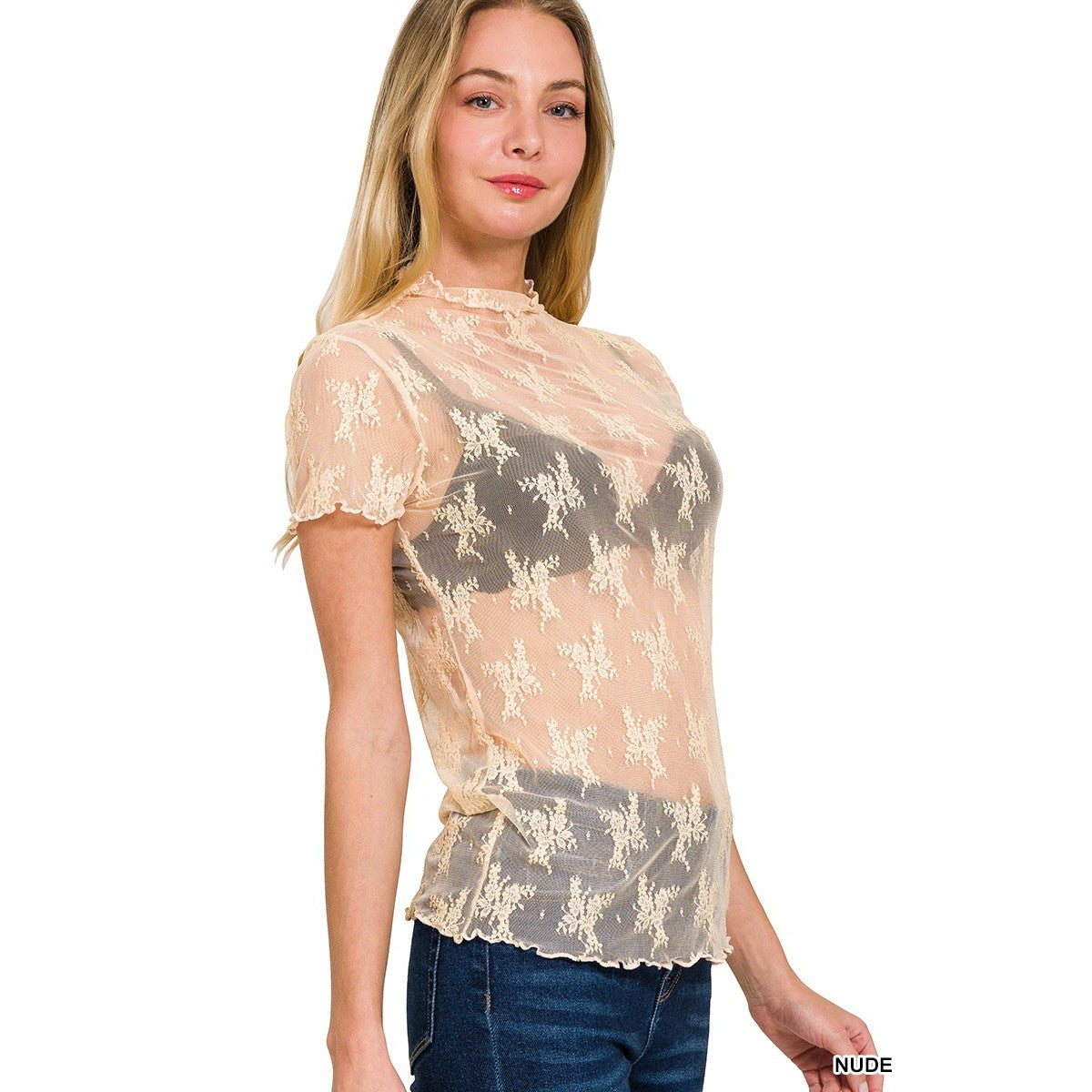 Short Sleeve Lace Layering Top || Nude