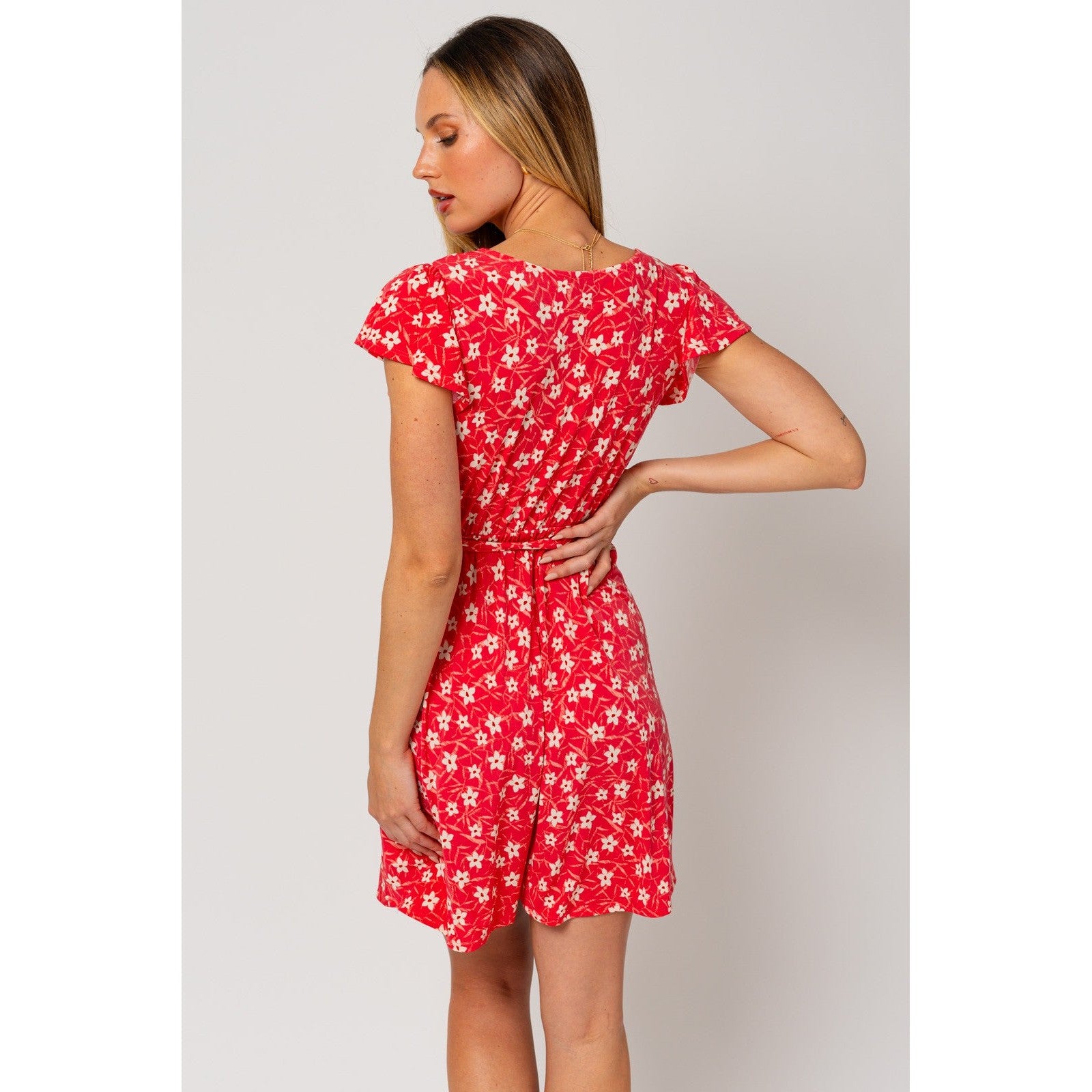 Short Sleeve Tie Waist Dress || Red Floral