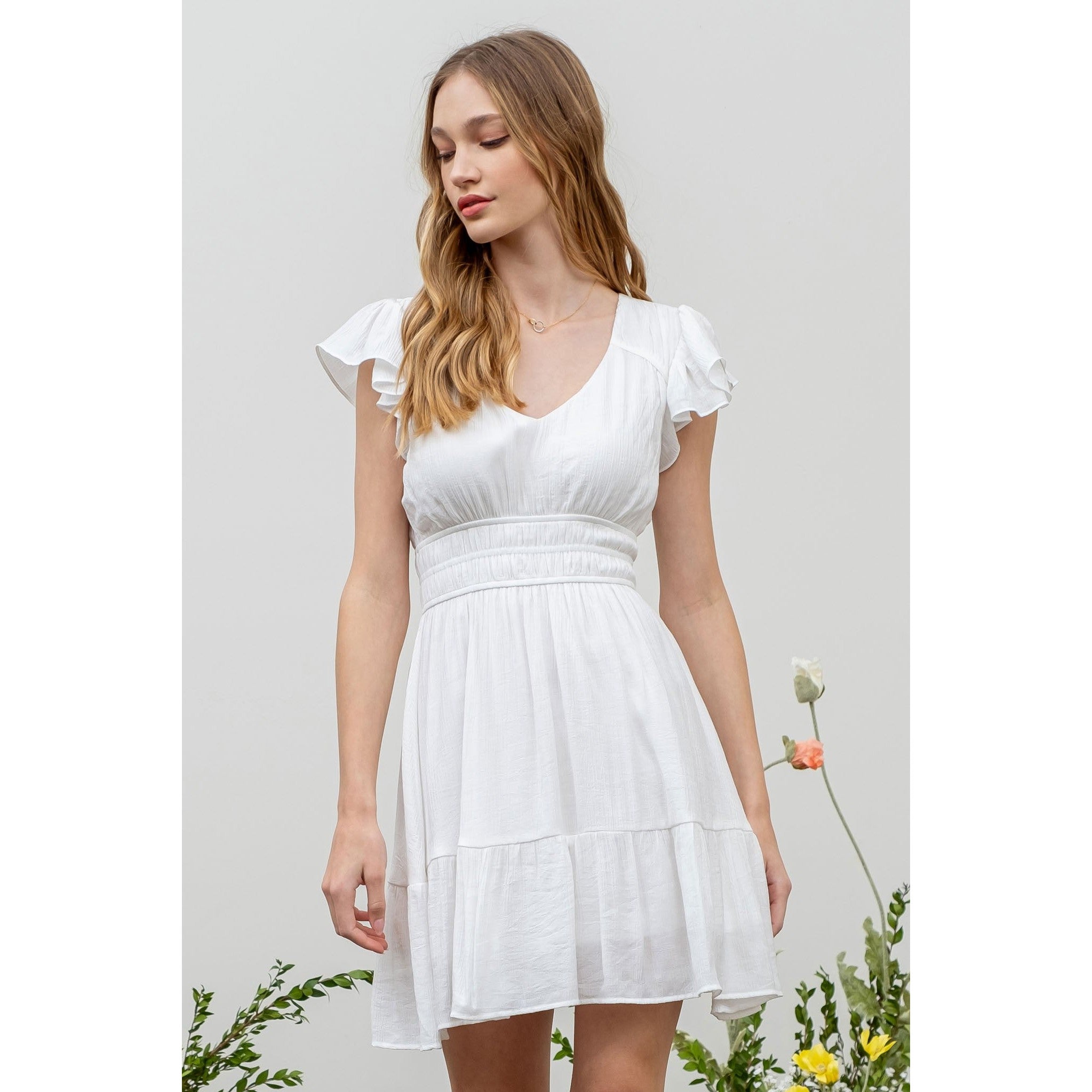 Shirred Waist Dress || White
