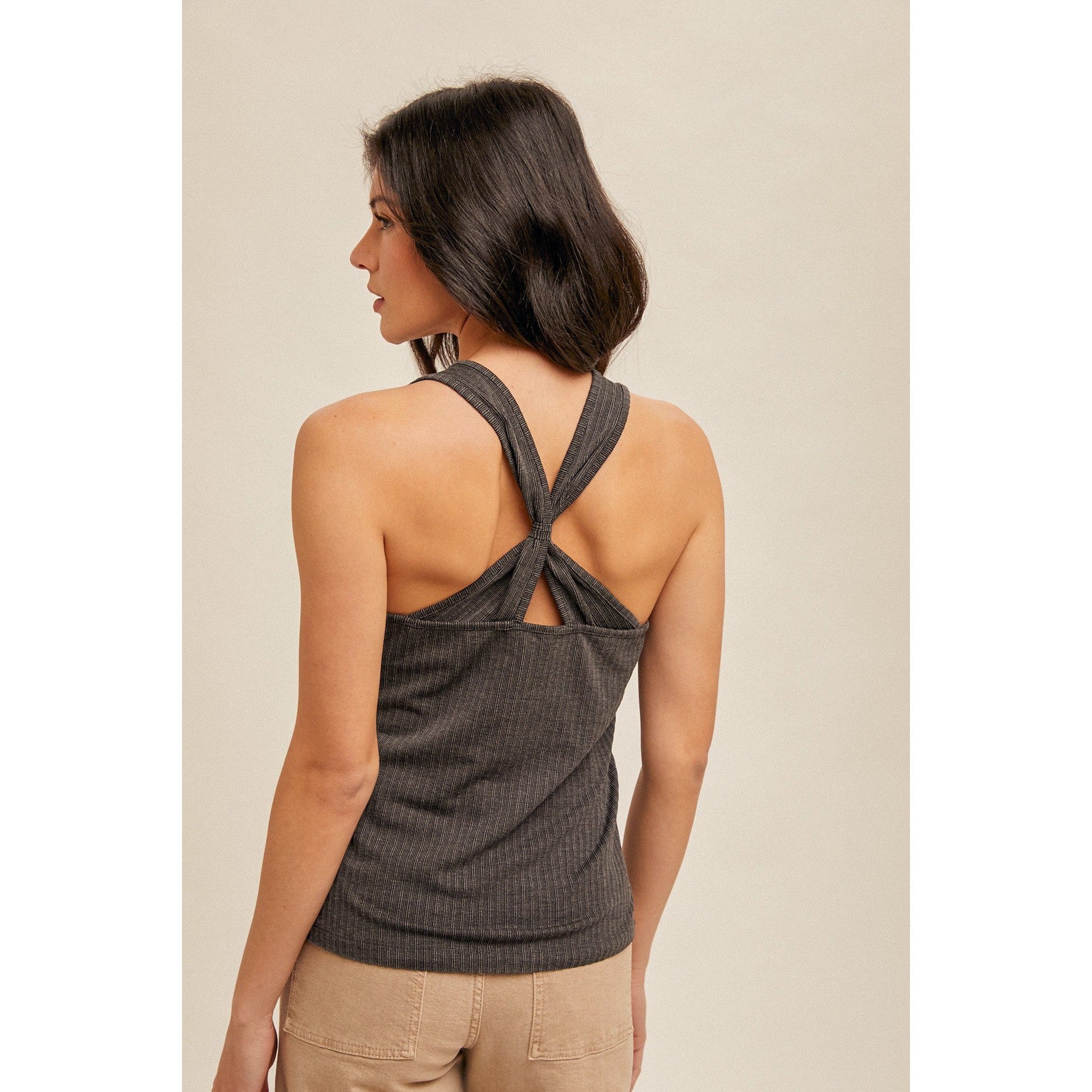 Tie Back Ribbed Tank || Charcoal