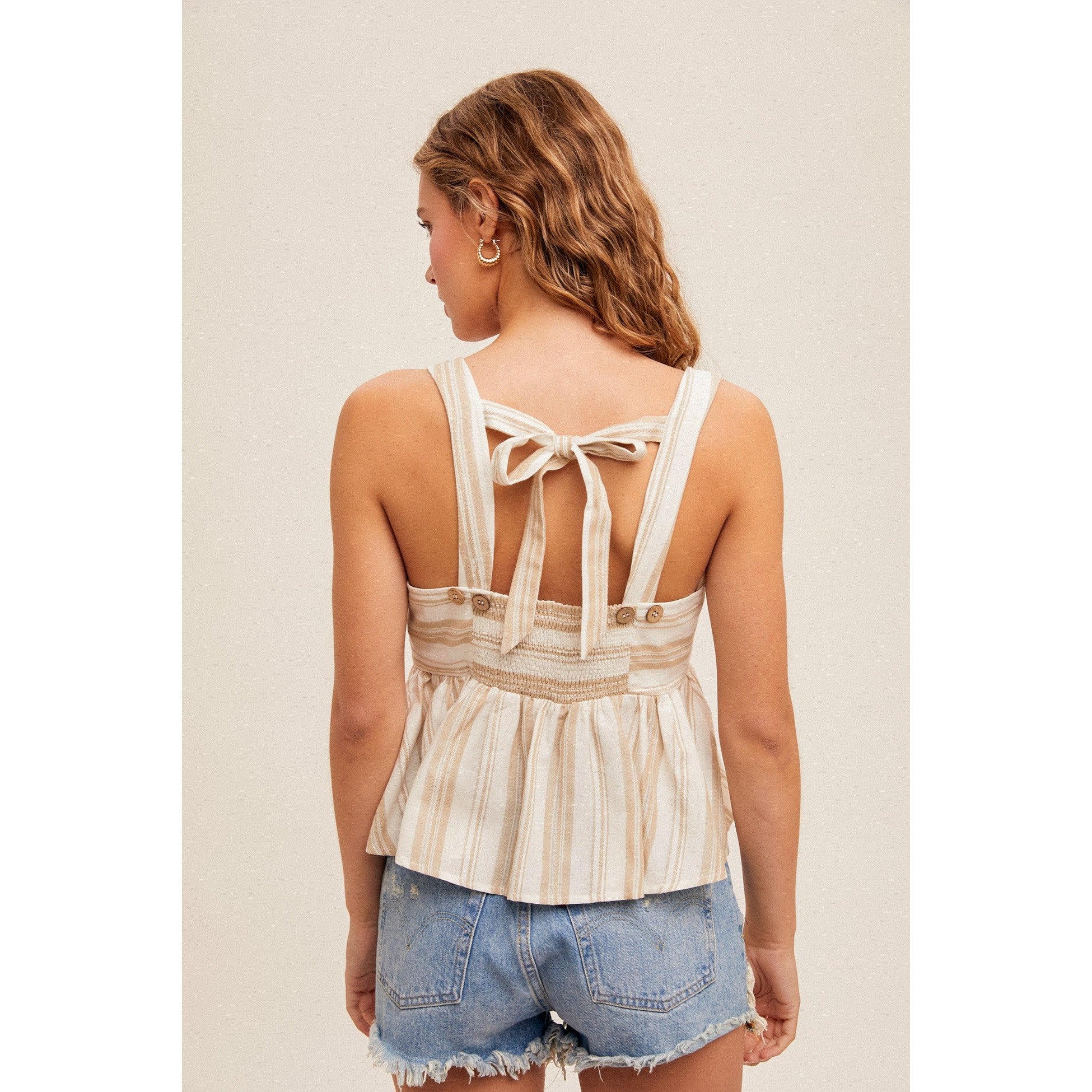 Square Neck Striped Top || Cream/Taupe