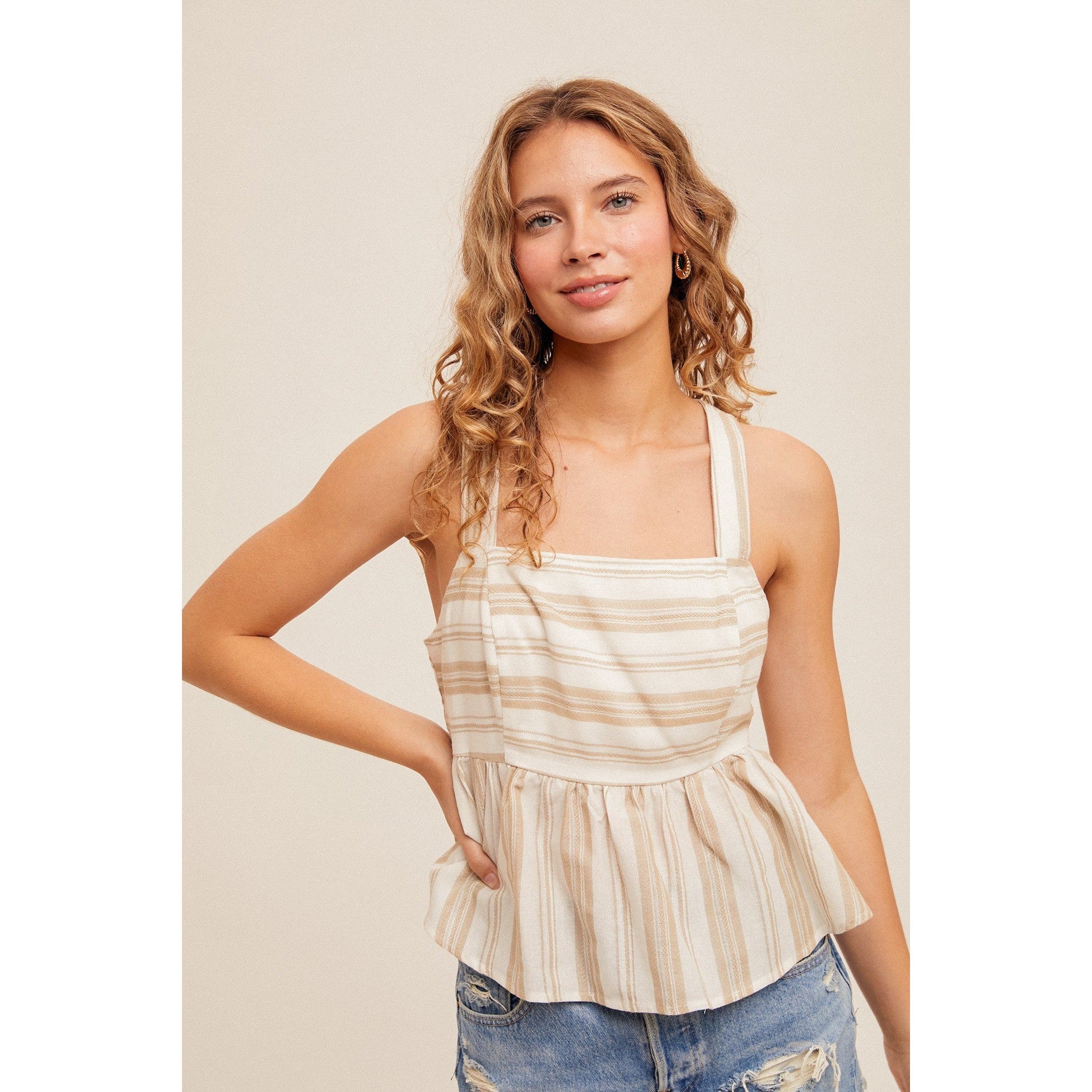 Square Neck Striped Top || Cream/Taupe