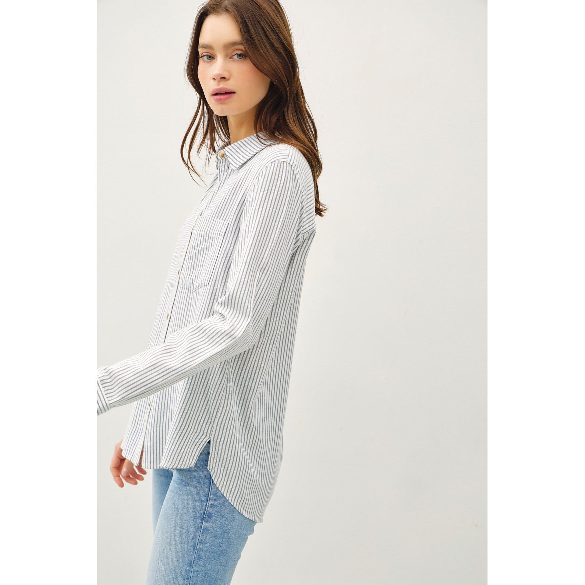 Pinstripe Cotton Long Sleeve Button Up Shirt || Denim