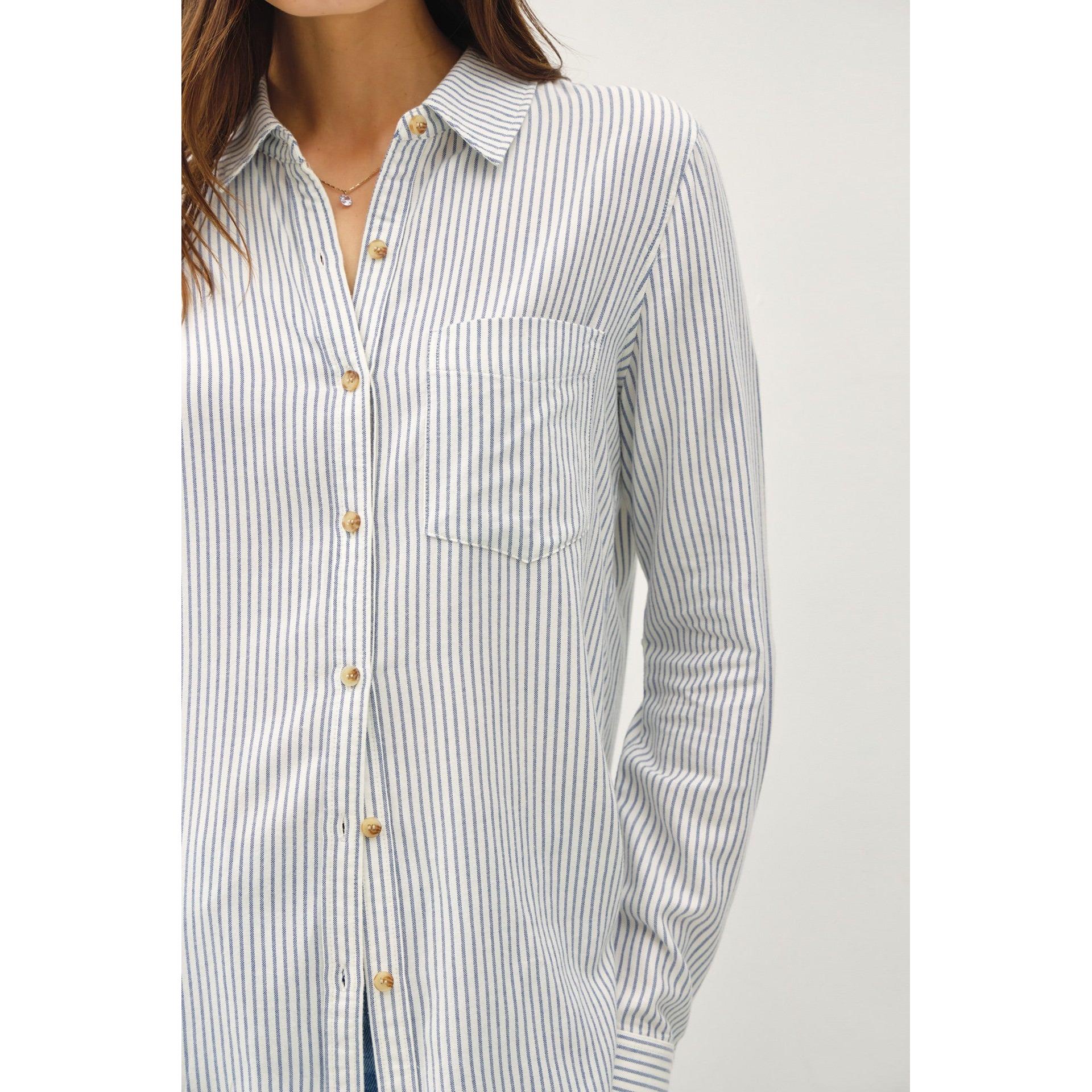 Pinstripe Cotton Long Sleeve Button Up Shirt || Denim