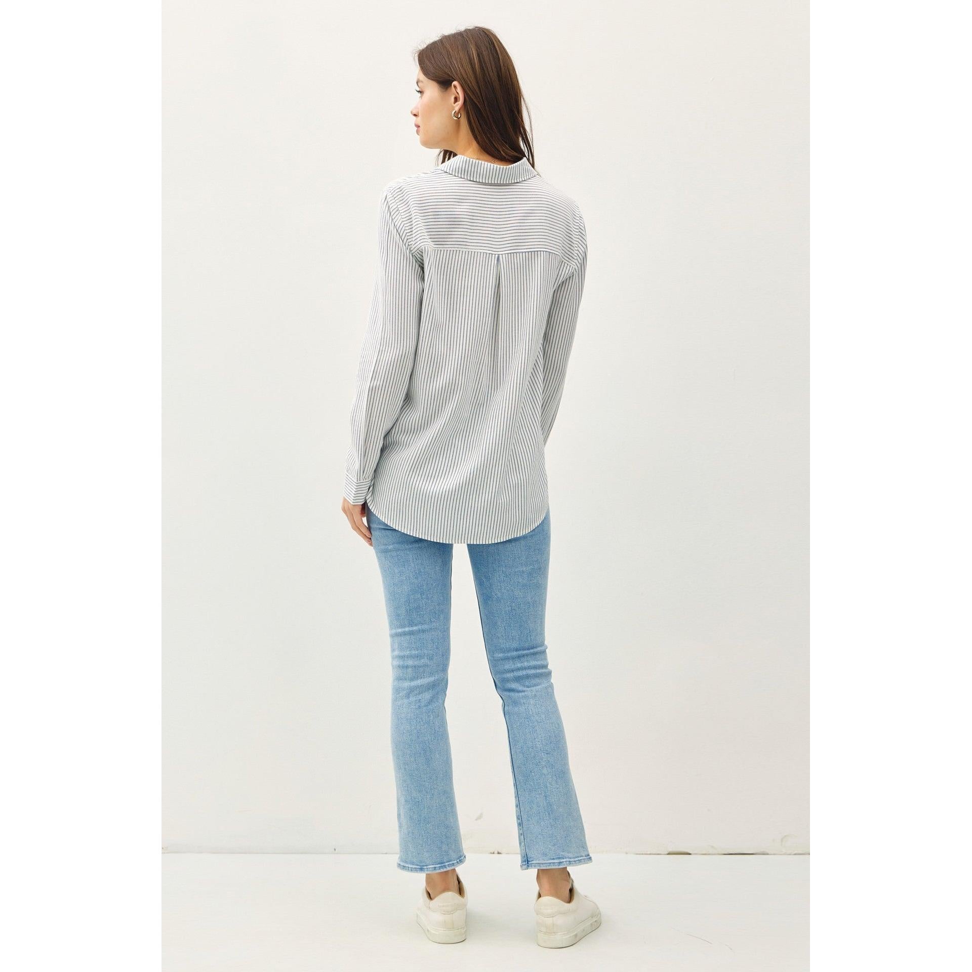 Pinstripe Cotton Long Sleeve Button Up Shirt || Denim