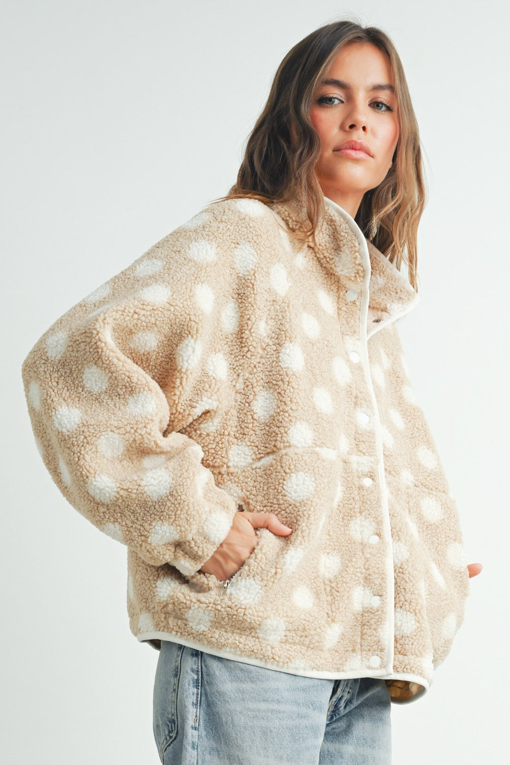 Polka Dot Fleece Jacket || Taupe