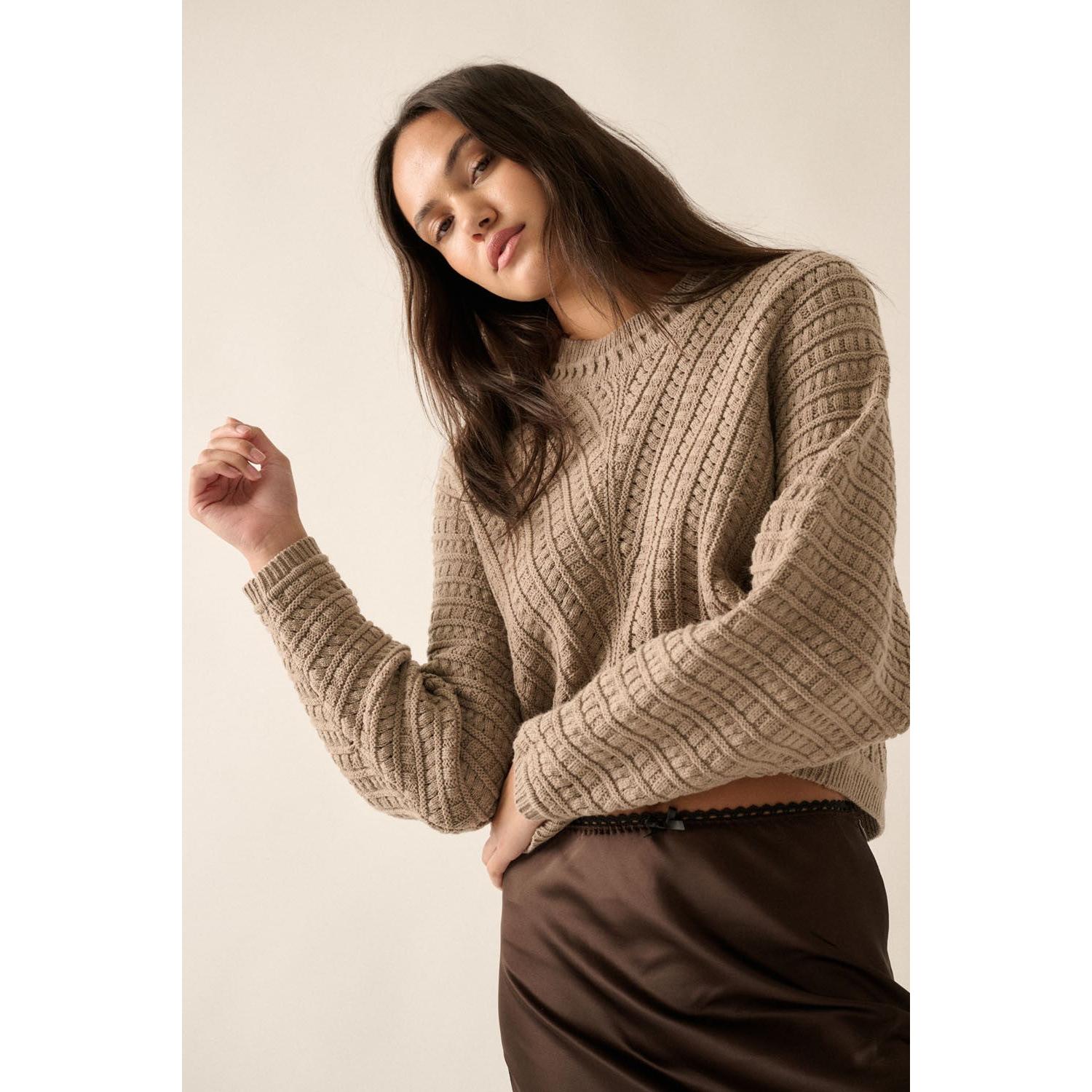 light mocha Cable Pattern Solid Sweater 