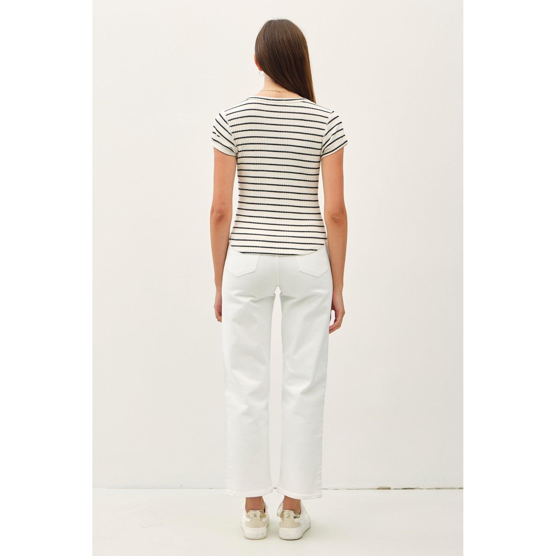 Striped Ribbed Short Sleeve Top || Black Stripe