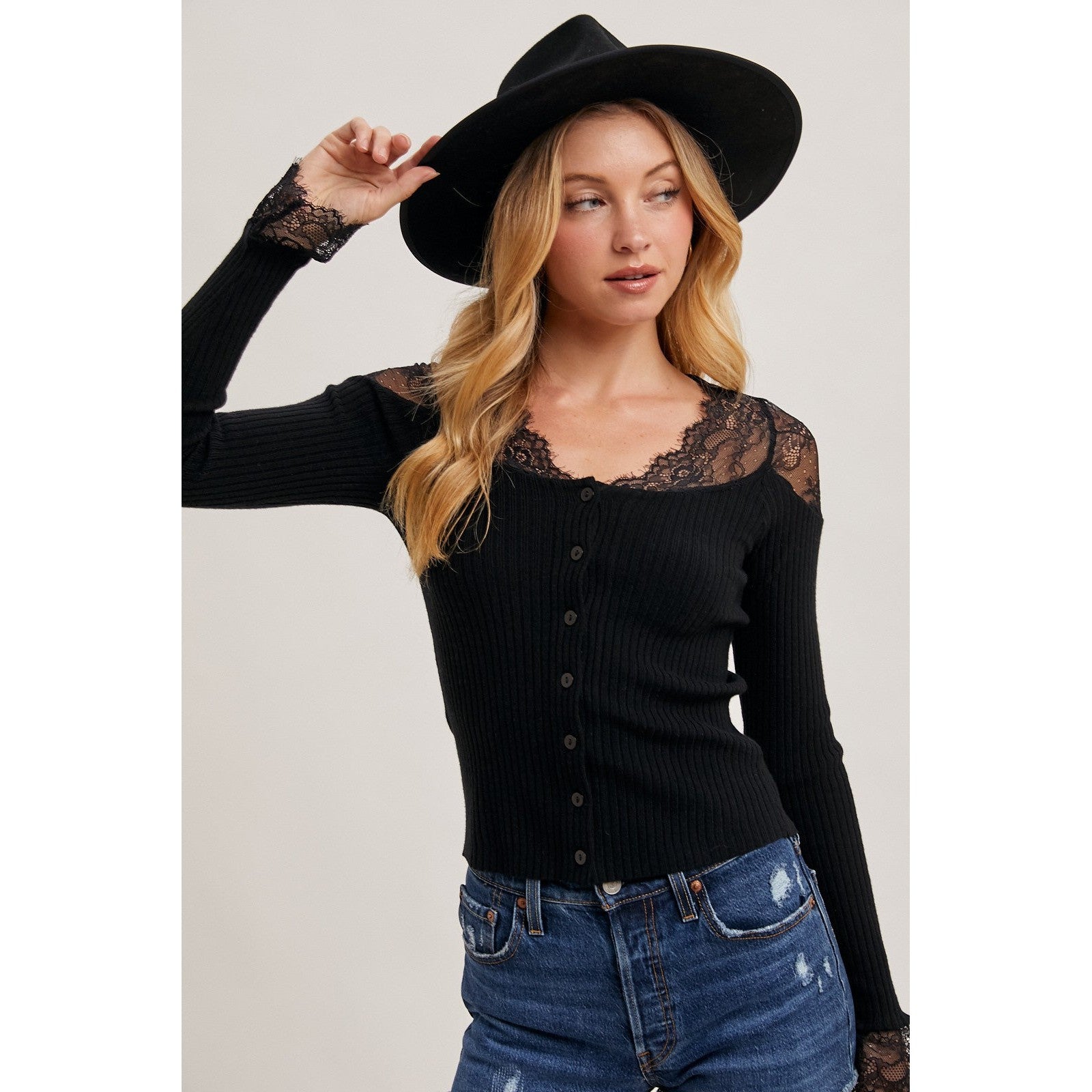 Lace Trim Button Down Top || Black