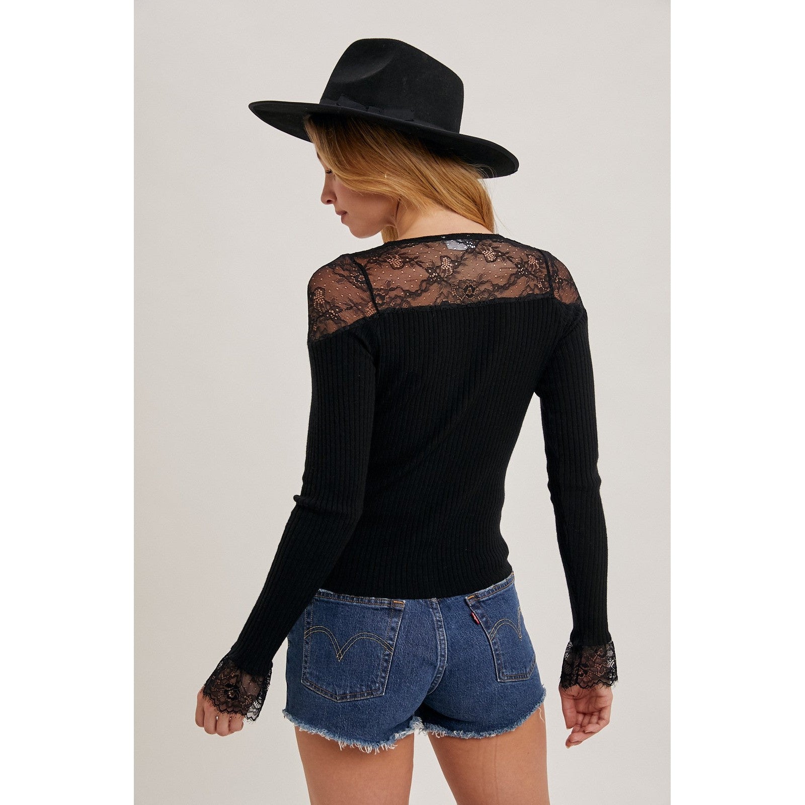 Lace Trim Button Down Top || Black