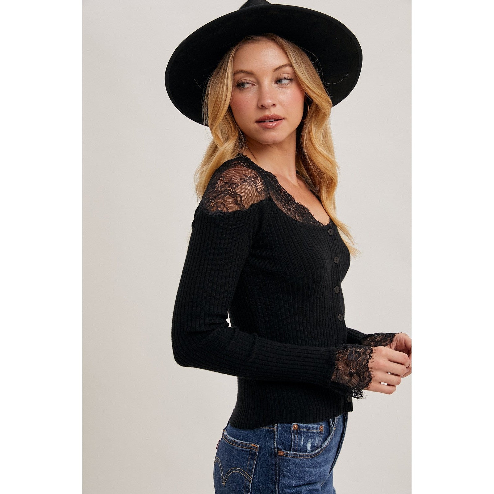 Lace Trim Button Down Top || Black