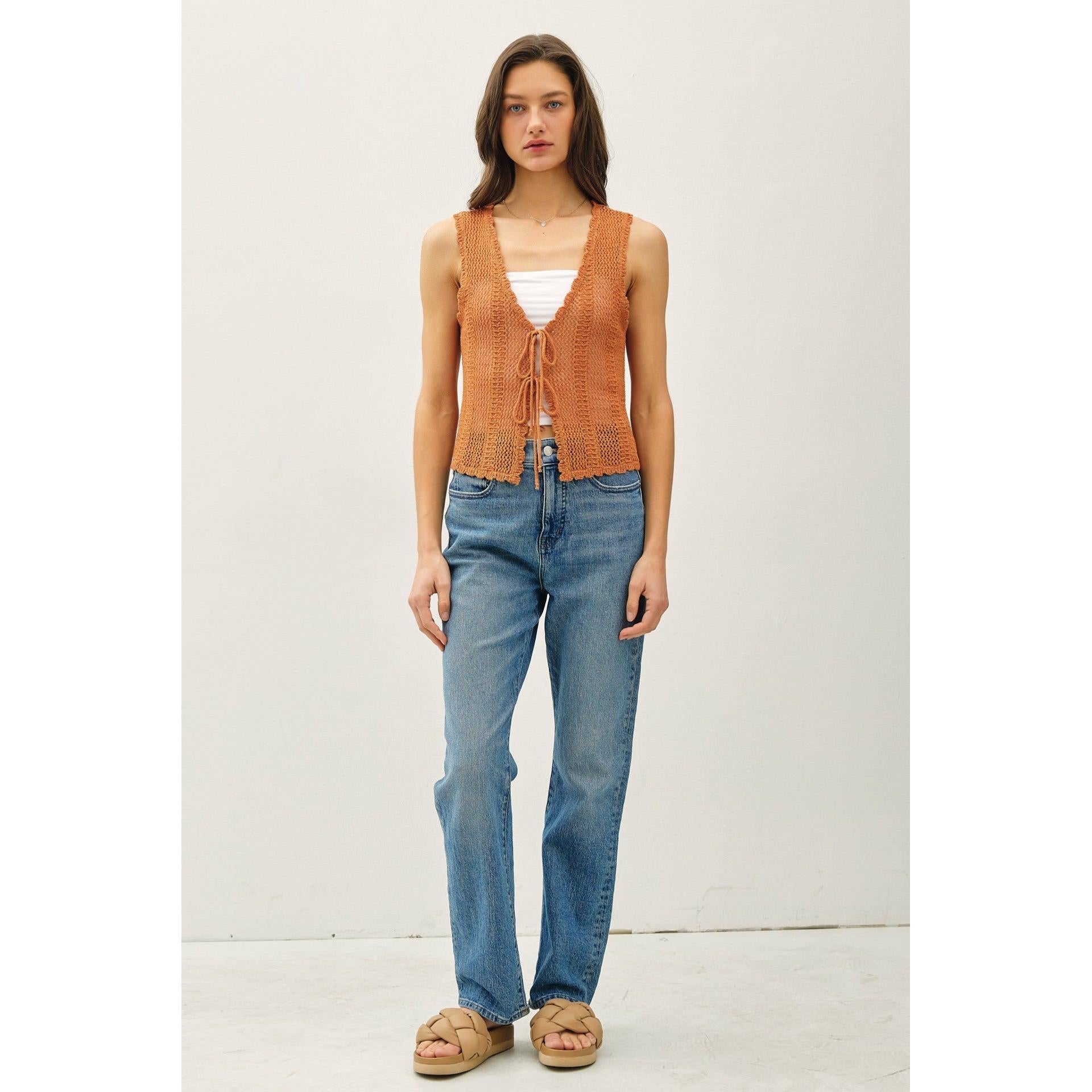 Crochet Knit Vest W/ Tie Fastenings || Apricot