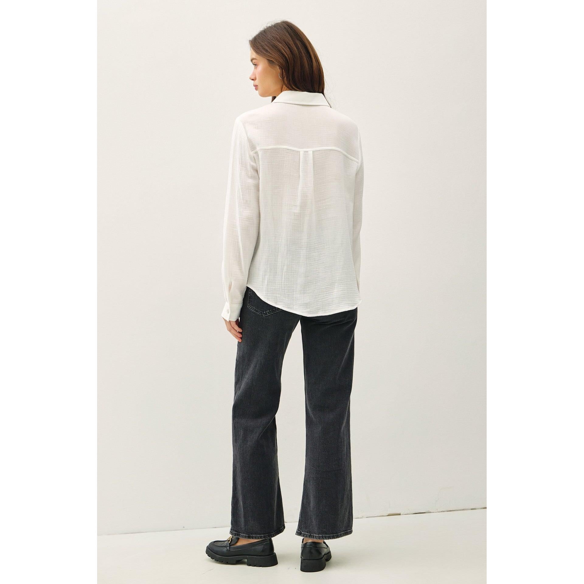 Cotton Gauze Long Sleeve Button Up Shirt || Off White