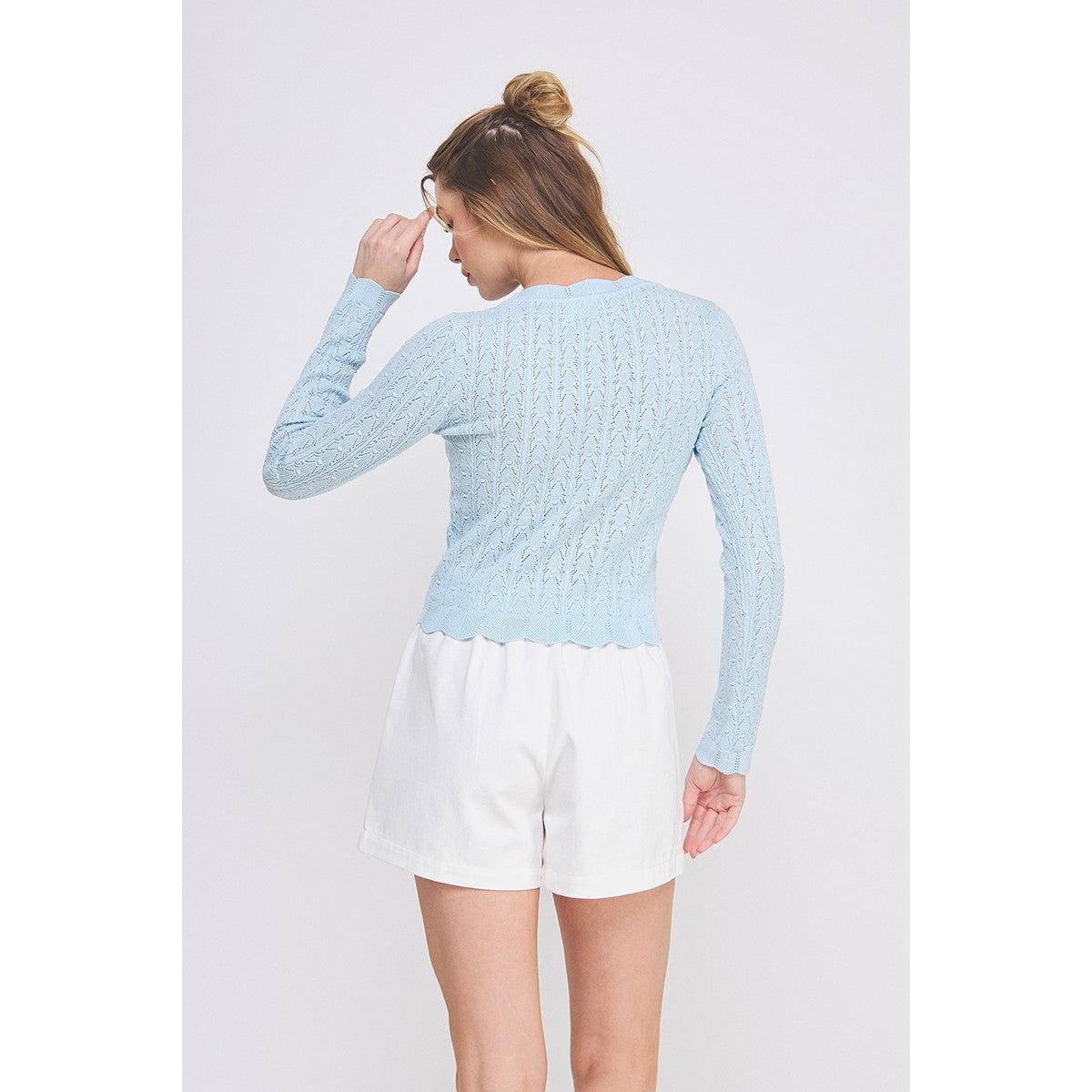 Lightweight Pointelle Scallop Cardigan || Soft Blue