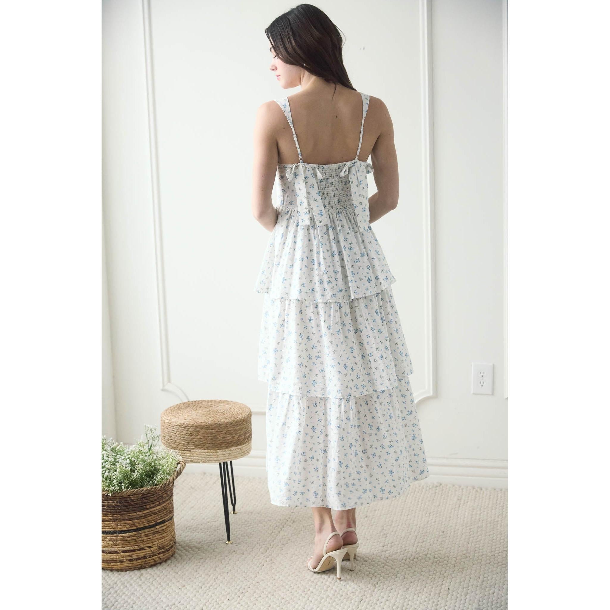 Floral Corset Ruffle Tiered Midi Dress || Blue Multi