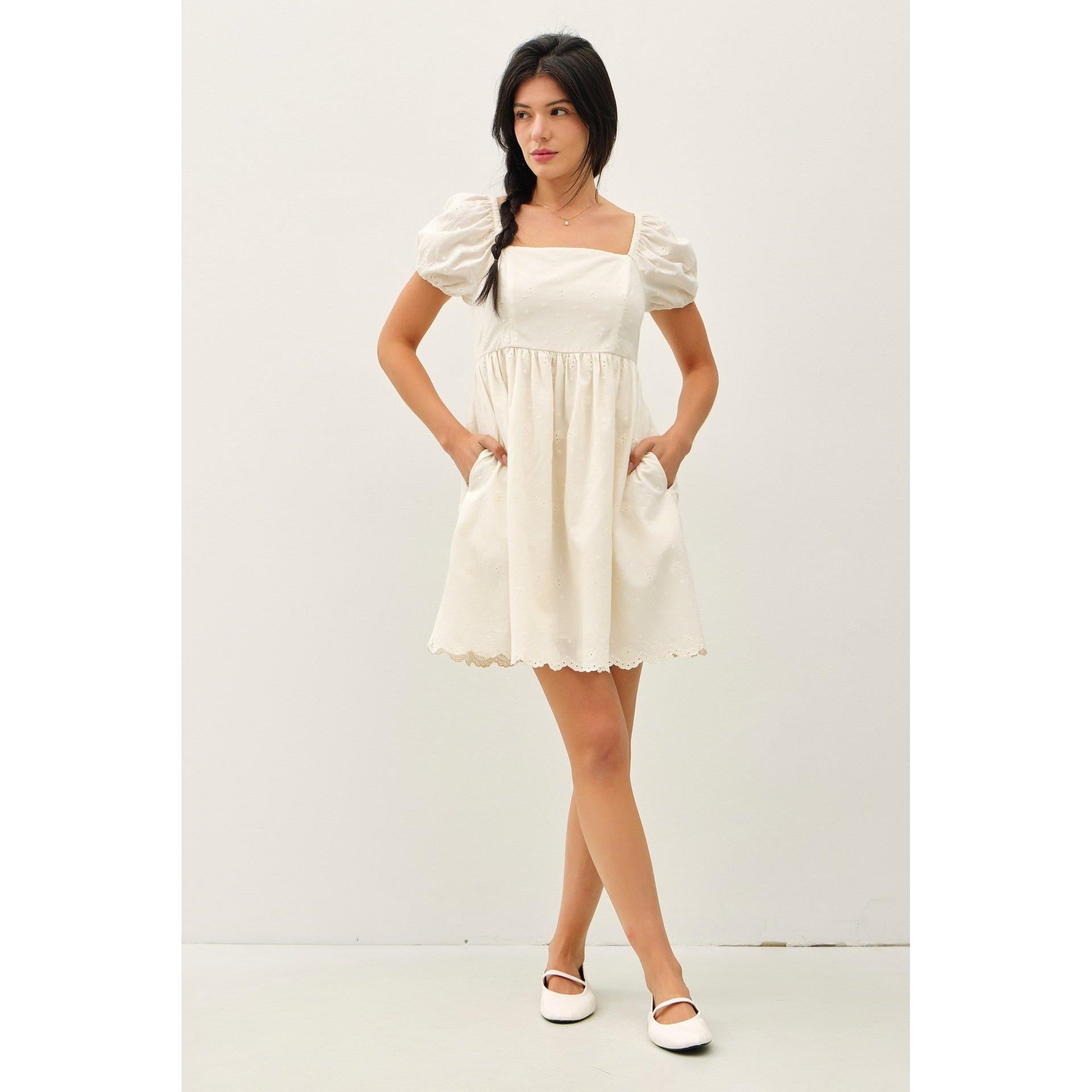 Puff Sleeve Eyelet Dress || Natural