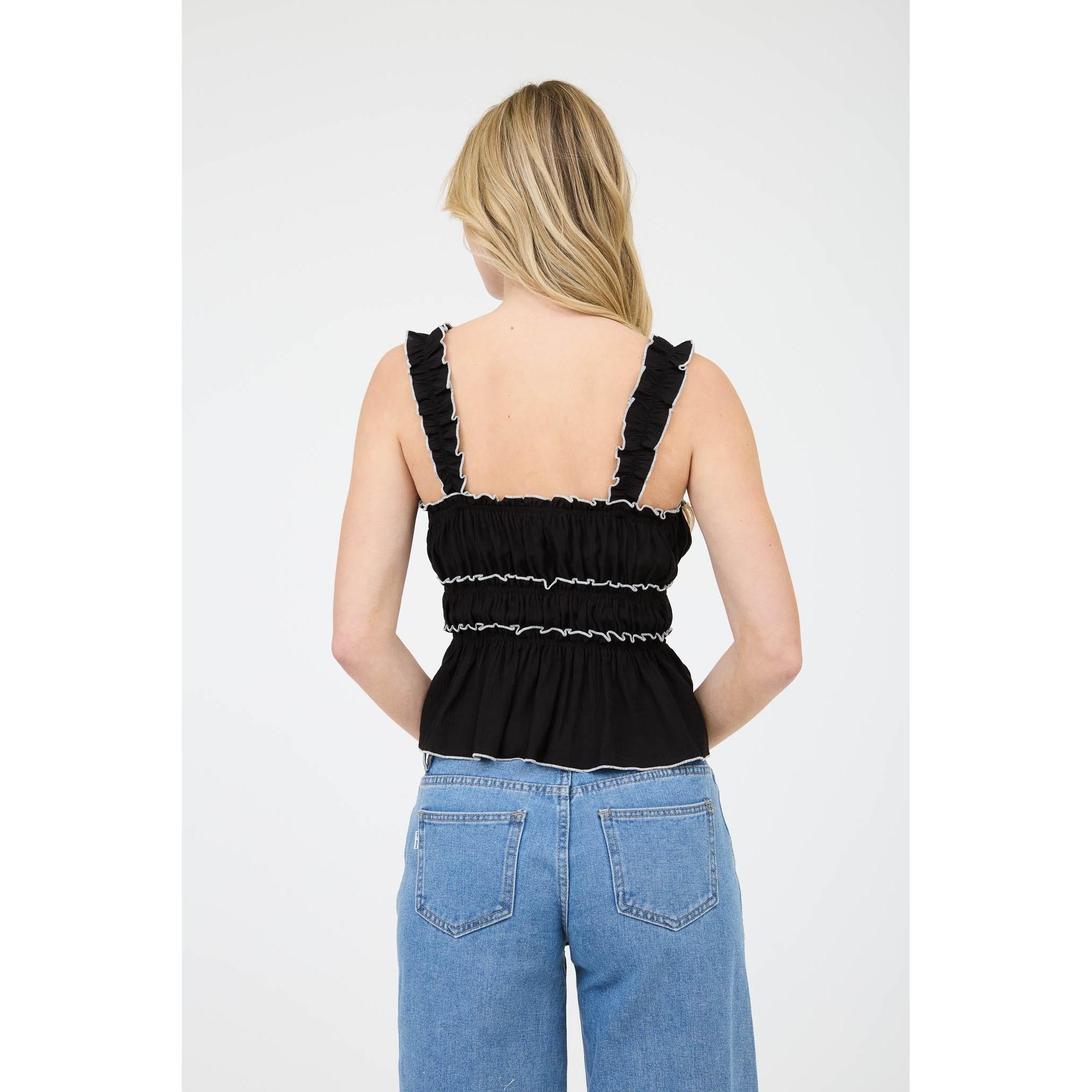 Contrast Trim Ruched Bow Detail Top || Black