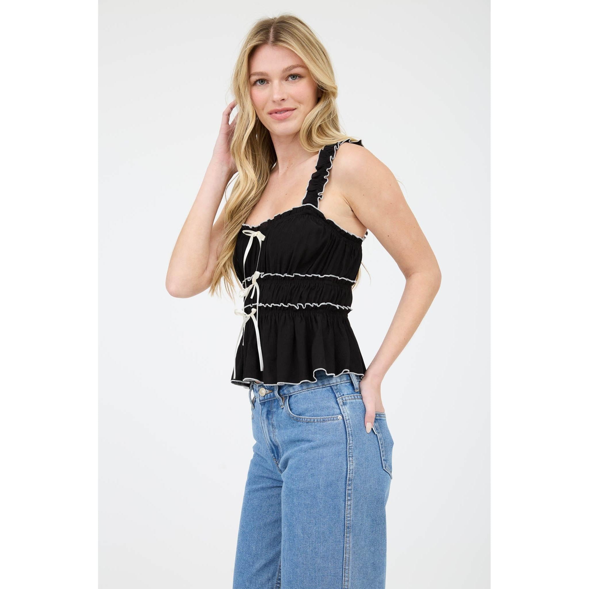 Contrast Trim Ruched Bow Detail Top || Black