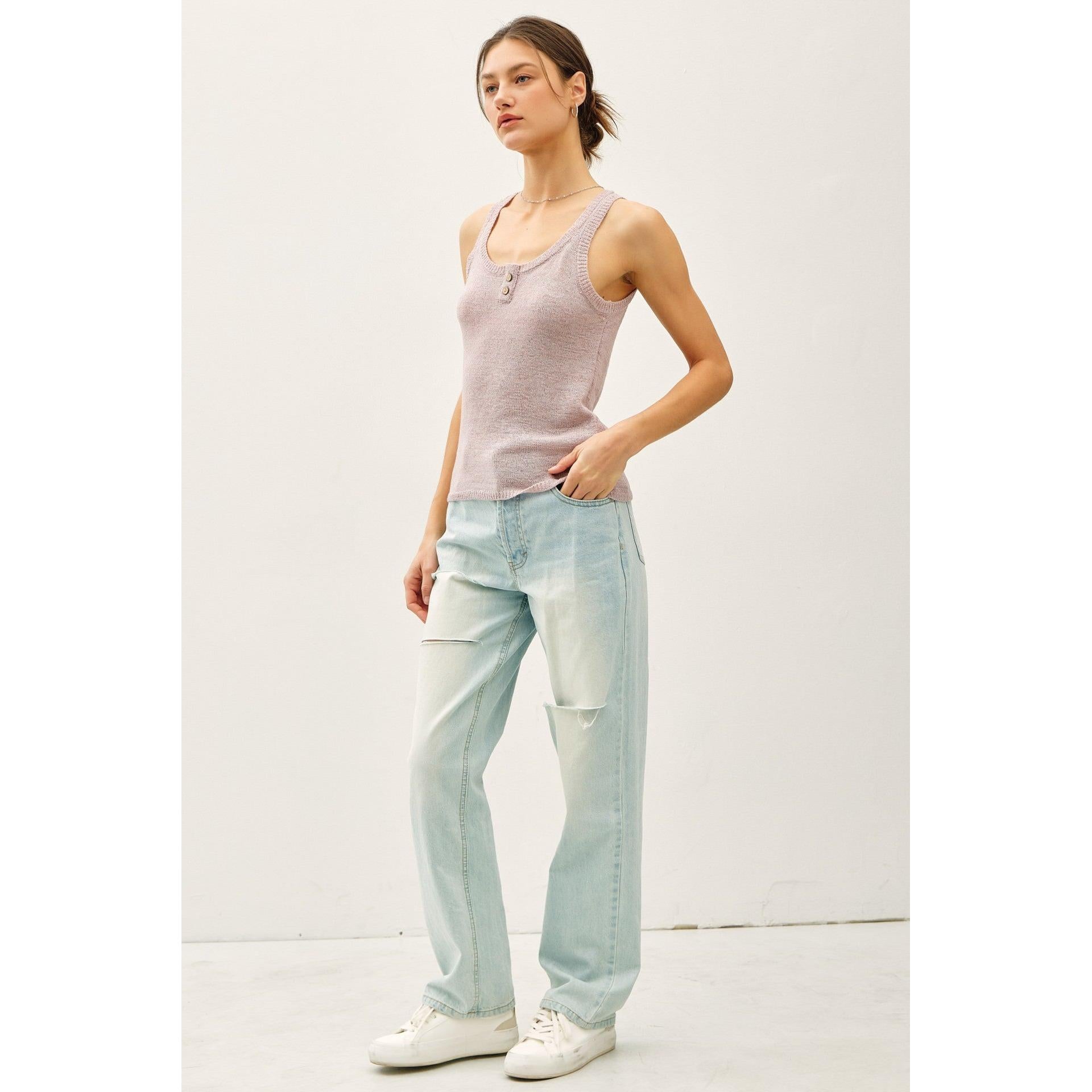 Textured Knit Button Henley Tank  || Lavender