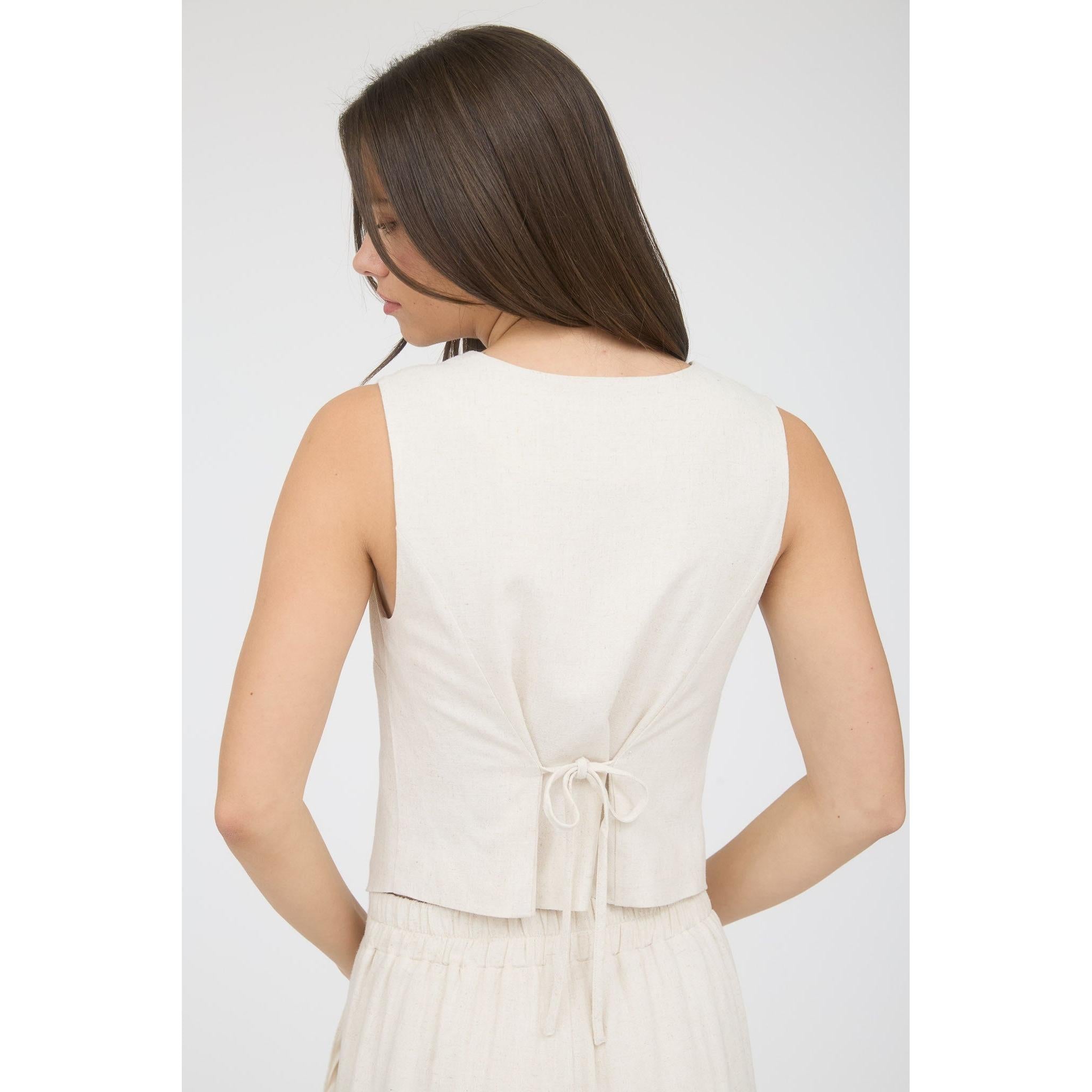 V Neck Button Down Linen Vest || Oatmeal