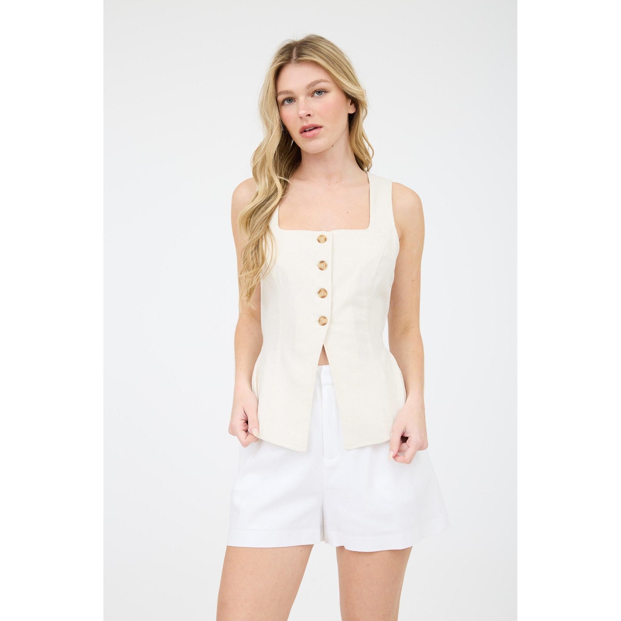 Linen Button Down Split Hem Cropped Vest || Natural