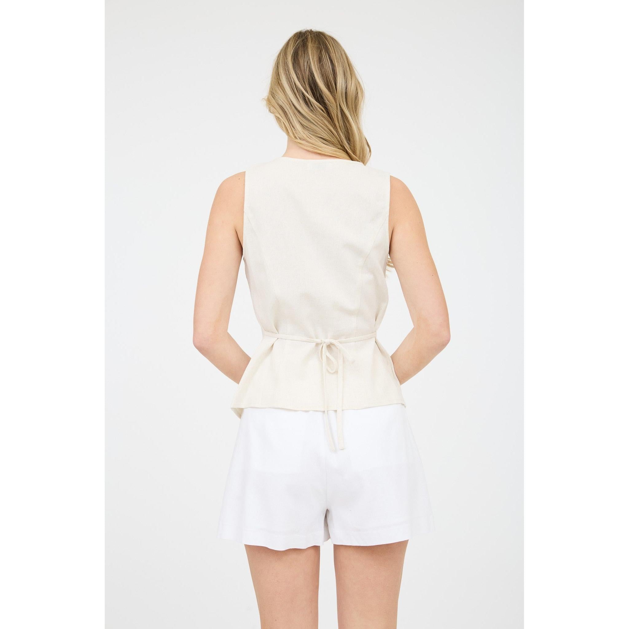Linen Button Down Split Hem Cropped Vest || Natural