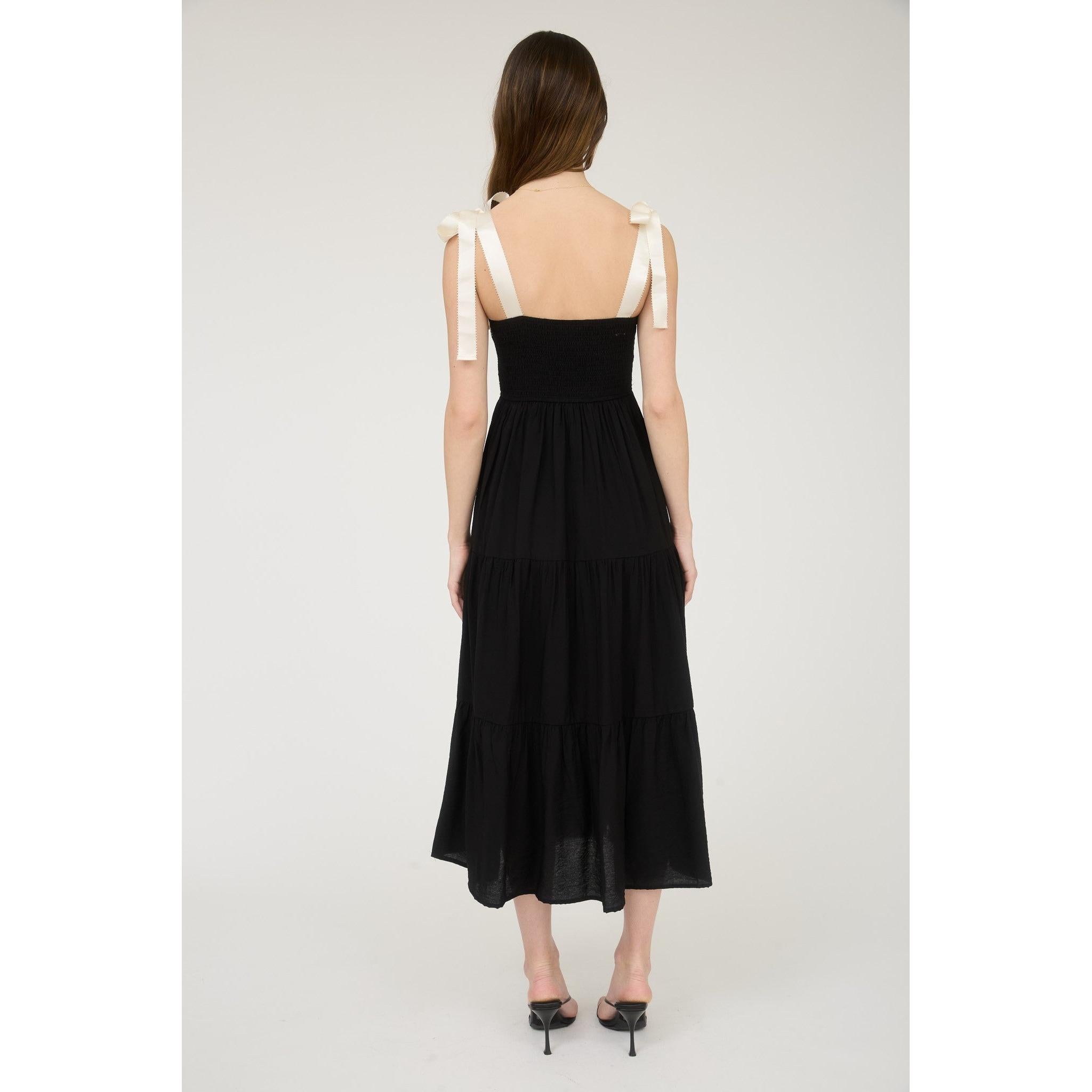 Embroidered Detail Ribbon Strap Tiered Maxi Dress || Black