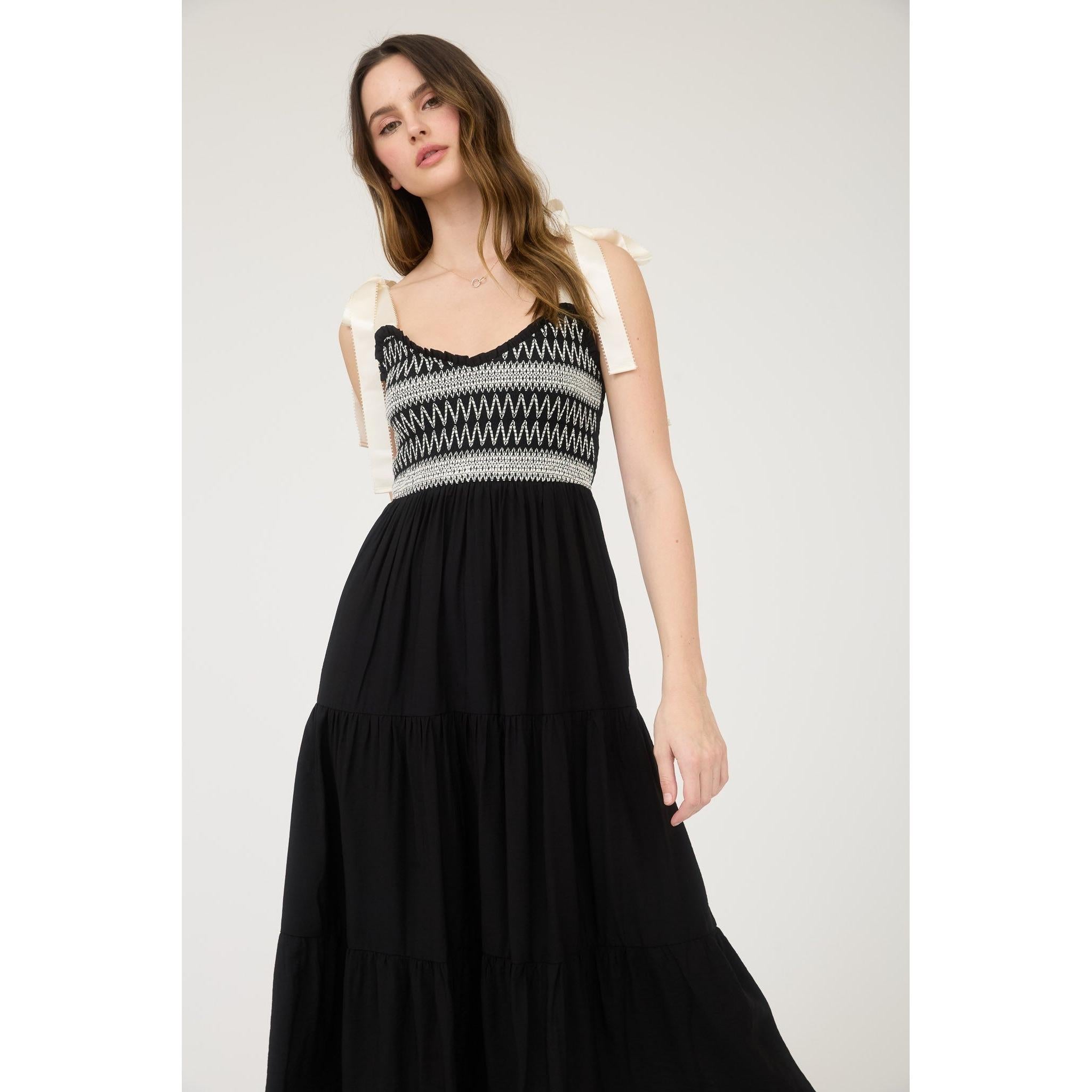 Embroidered Detail Ribbon Strap Tiered Maxi Dress || Black