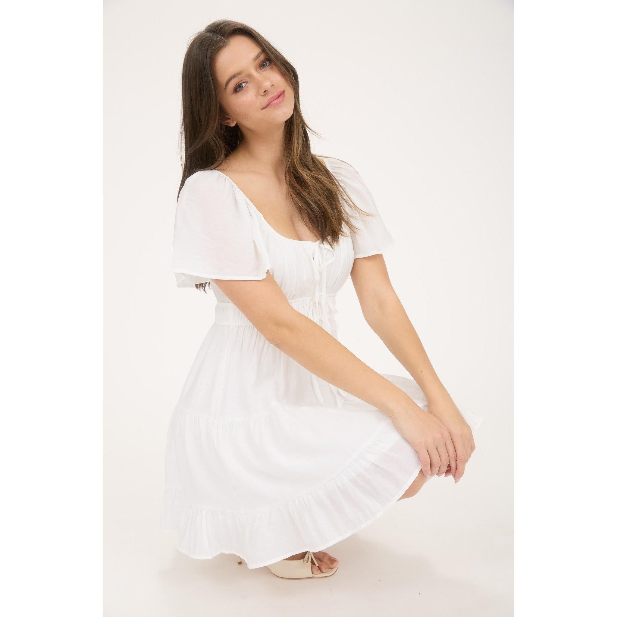 Front Tie Short Sleeve Tiered Mini Dress