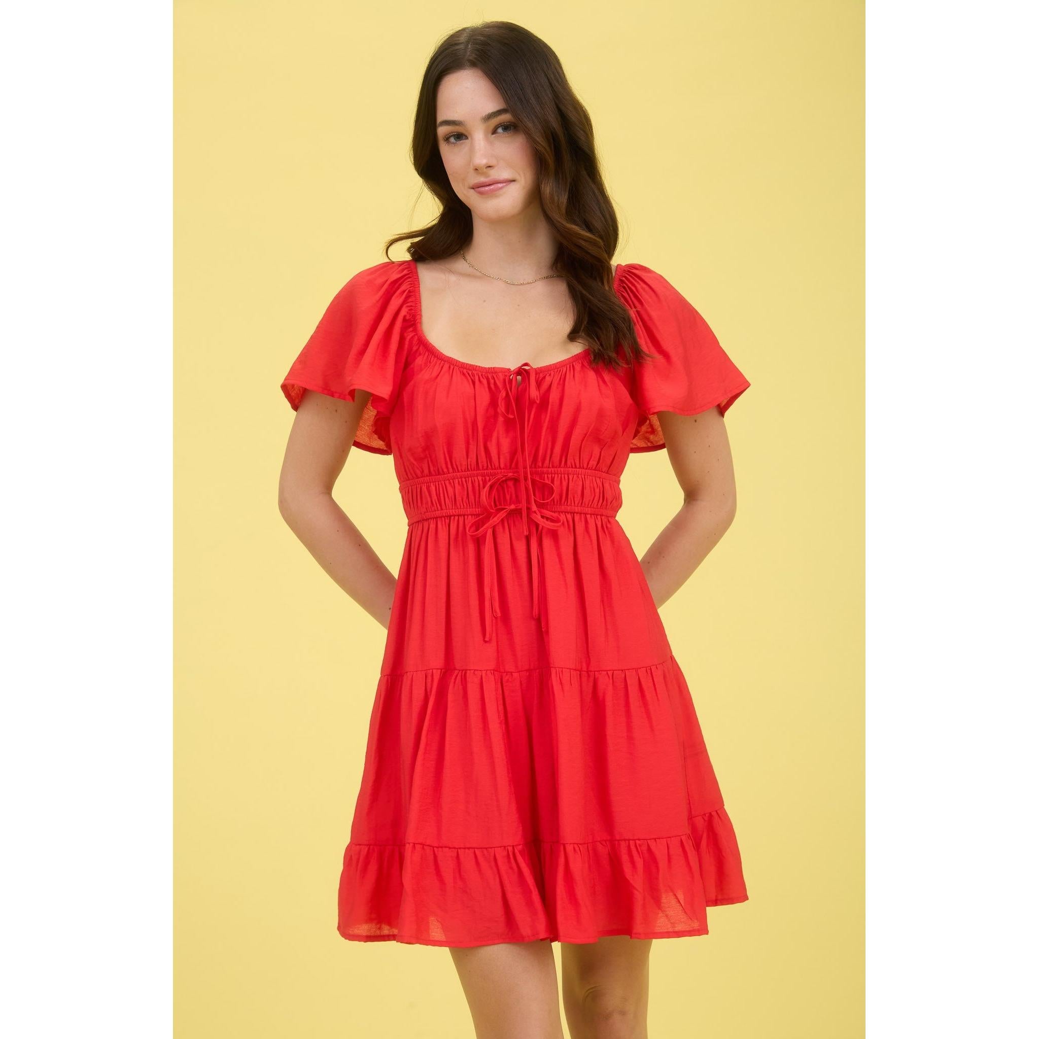 Front Tie Short Sleeve Tiered Mini Dress