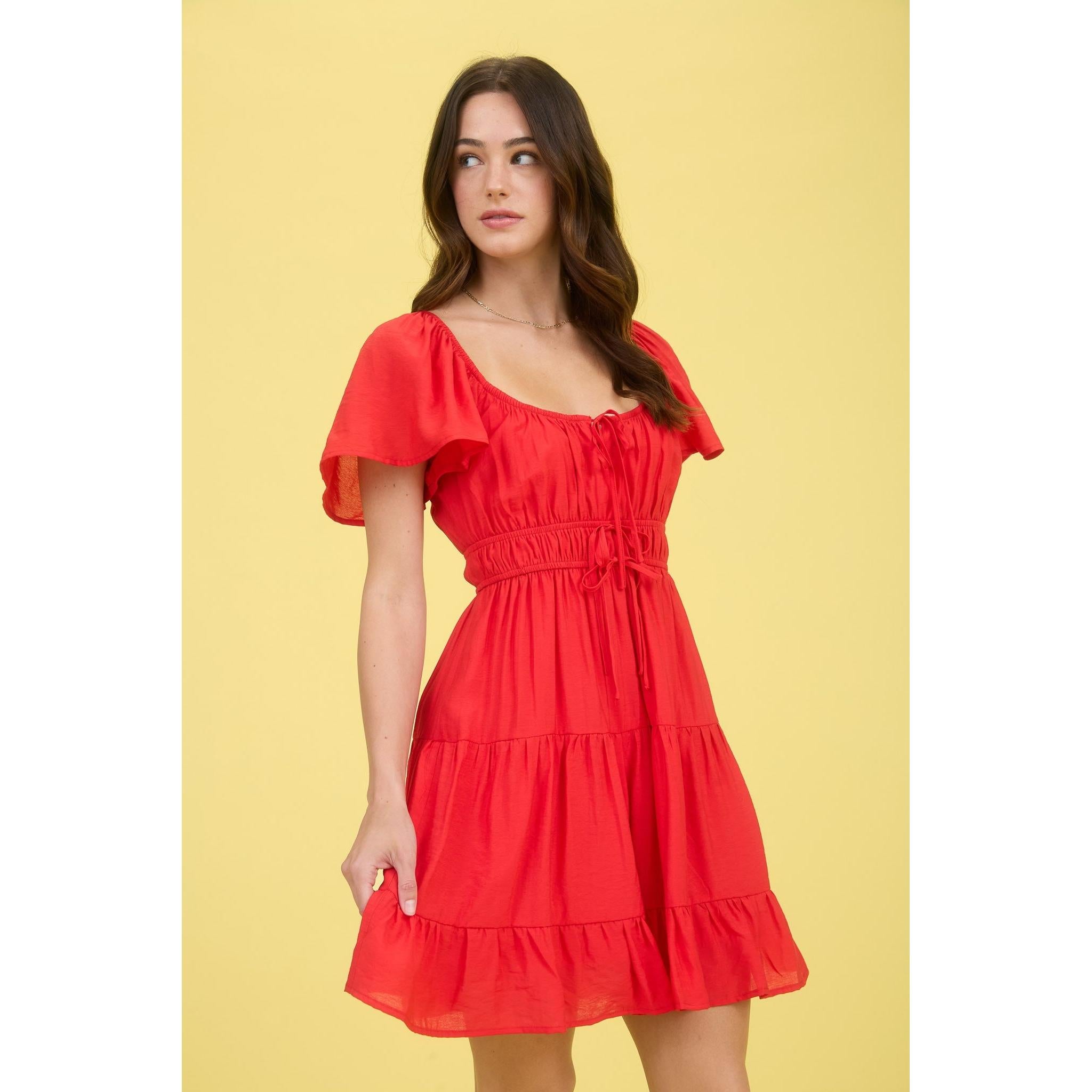 Front Tie Short Sleeve Tiered Mini Dress