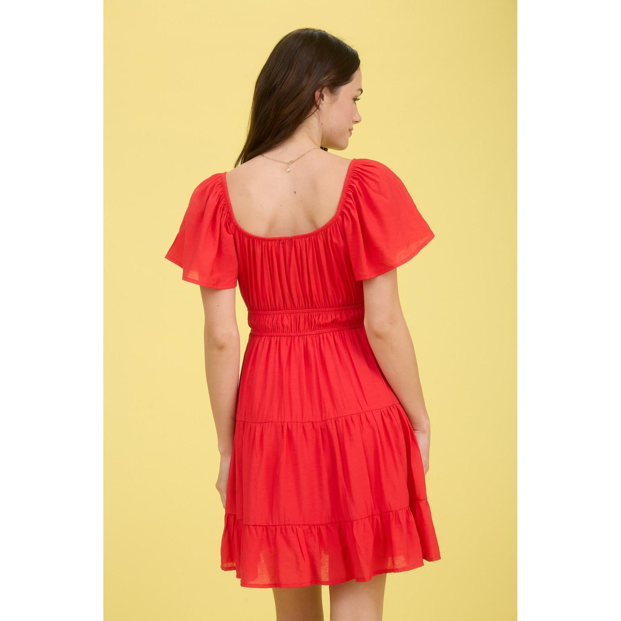 Front Tie Short Sleeve Tiered Mini Dress