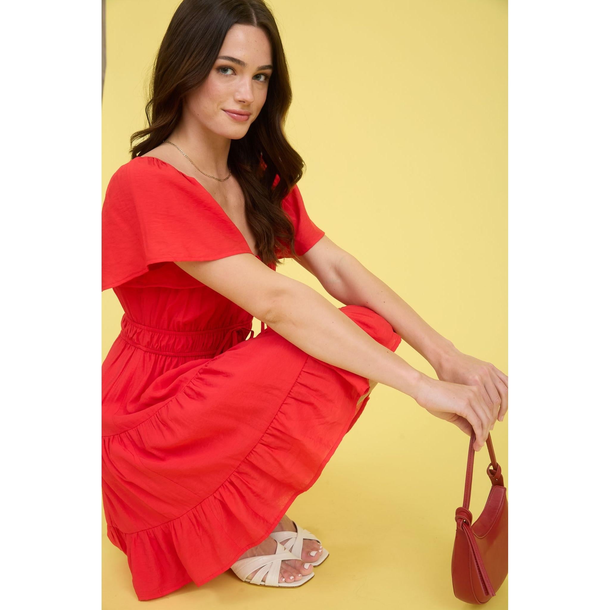 Front Tie Short Sleeve Tiered Mini Dress